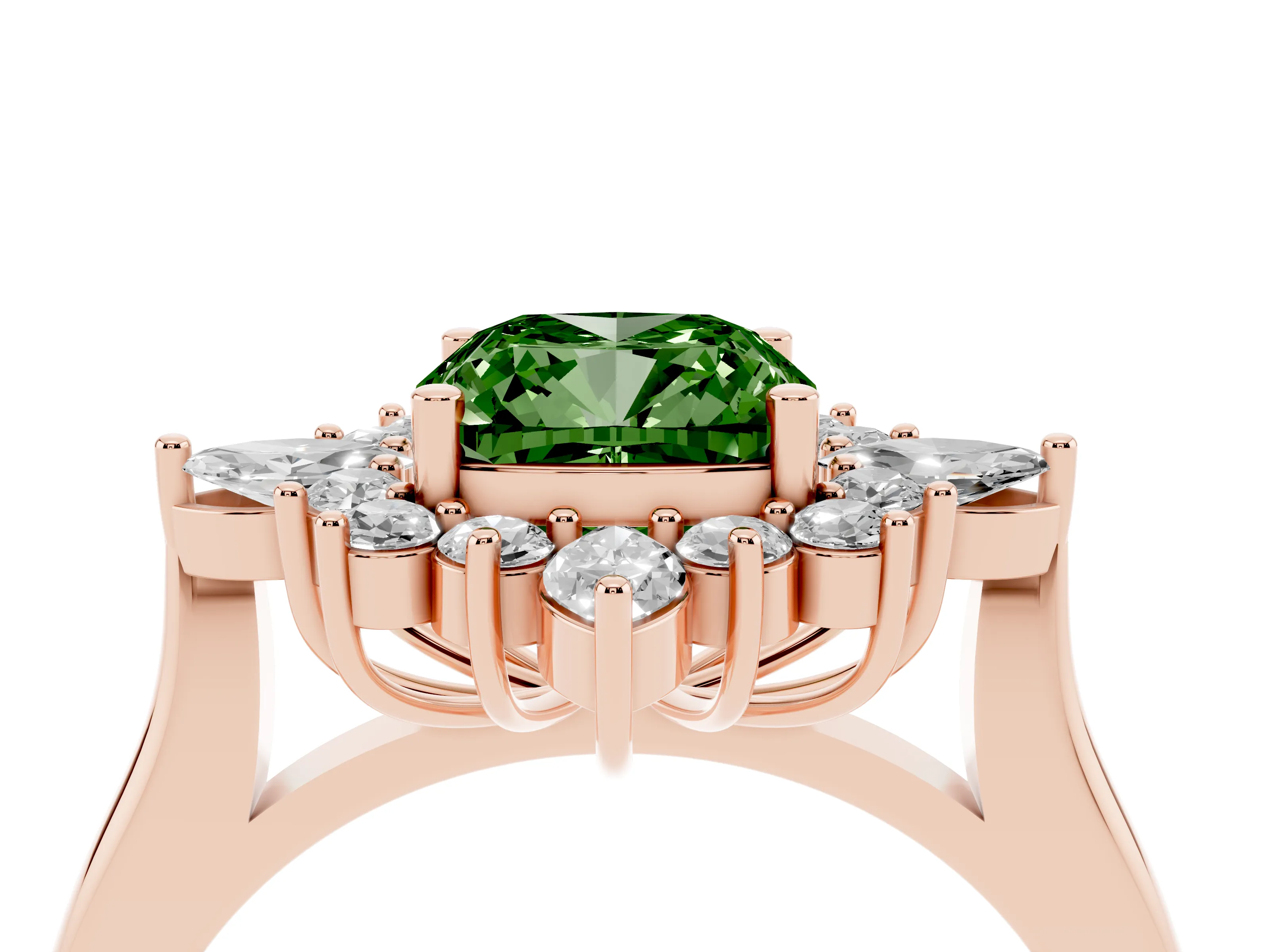 Fancy Green Cushion Cut Diamond Cluster Halo Ring Set in Rose gold with Marquise and Round Accents