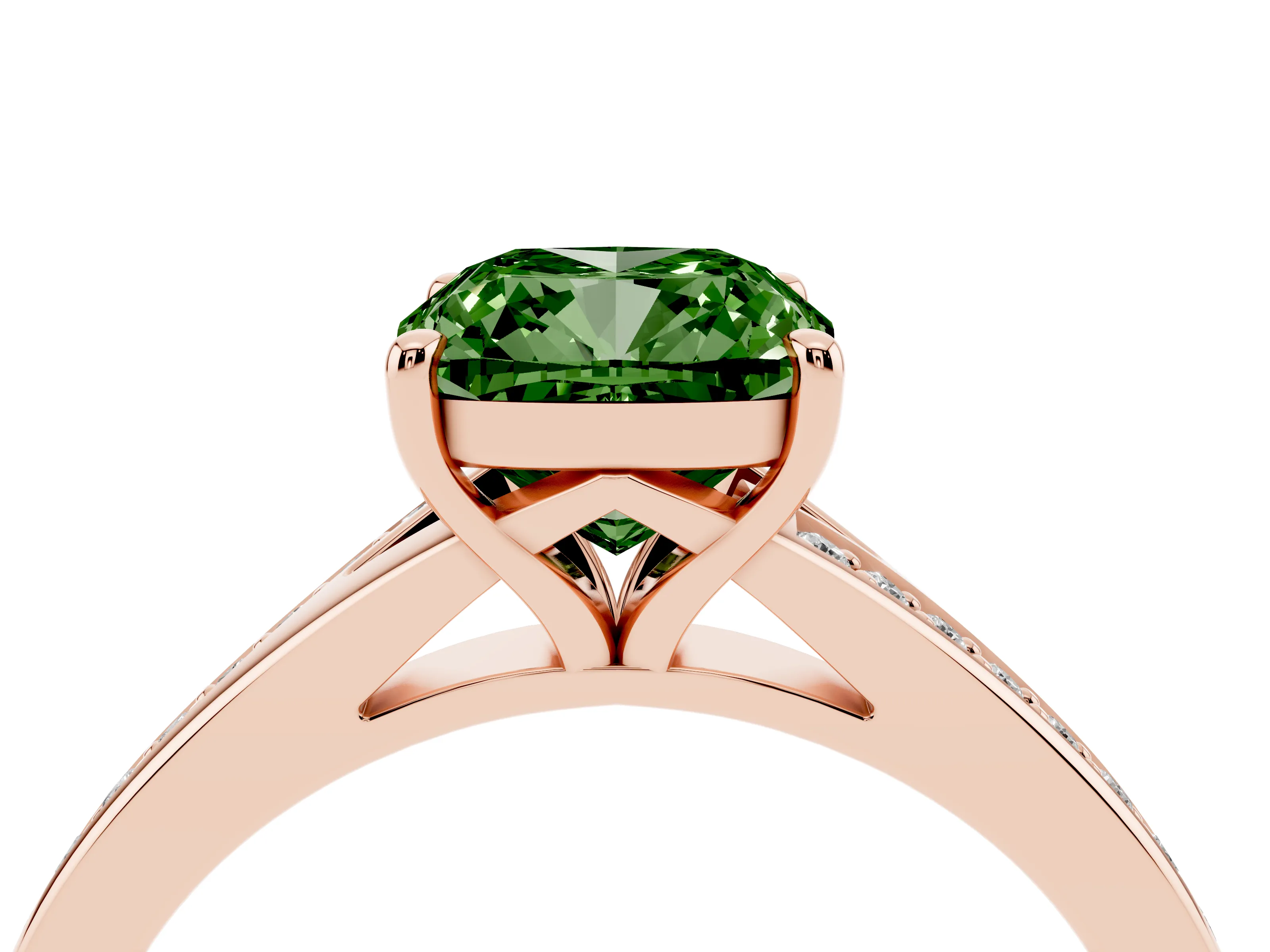 Fancy Green Cushion Cut Diamond Solitaire Ring Set in Rose gold with Pavé Accent Band and Classic Prong Setting