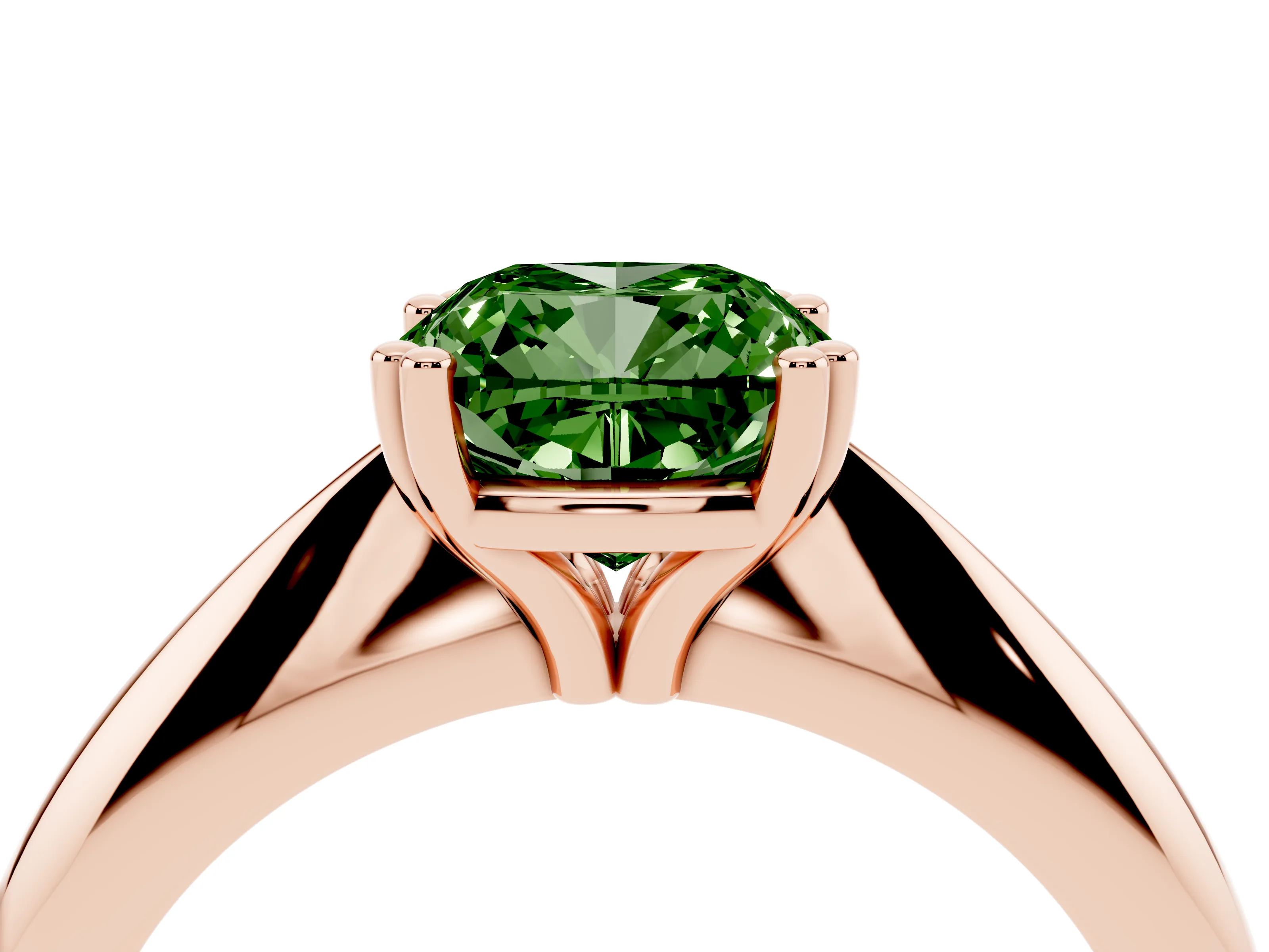 Fancy Green Cushion Cut Diamond Solitaire Engagement Ring Set in Rose gold with Tapered Band and Prong Setting