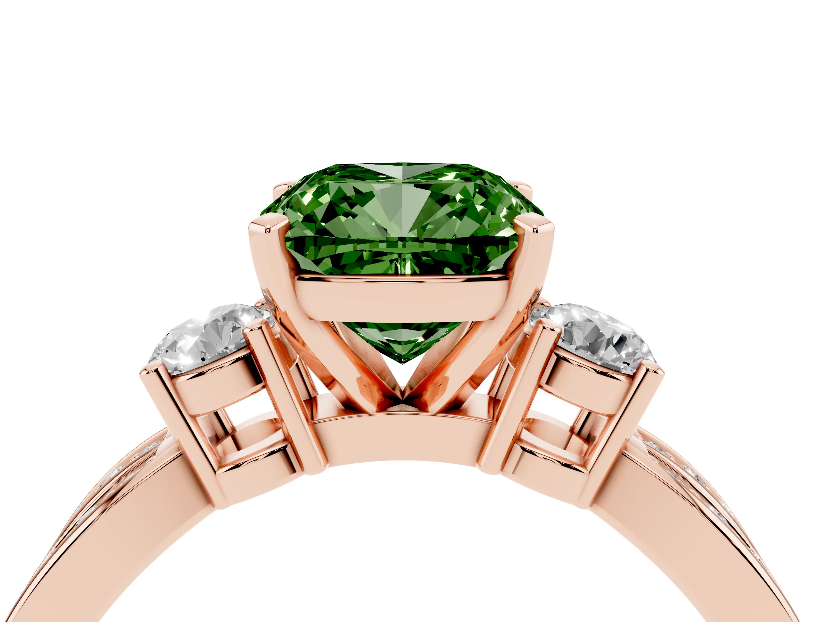 Fancy Green Three-Stone Cushion Cut Diamond Twist Band Ring Set in Rose gold with Pavé Accents and Prong Setting