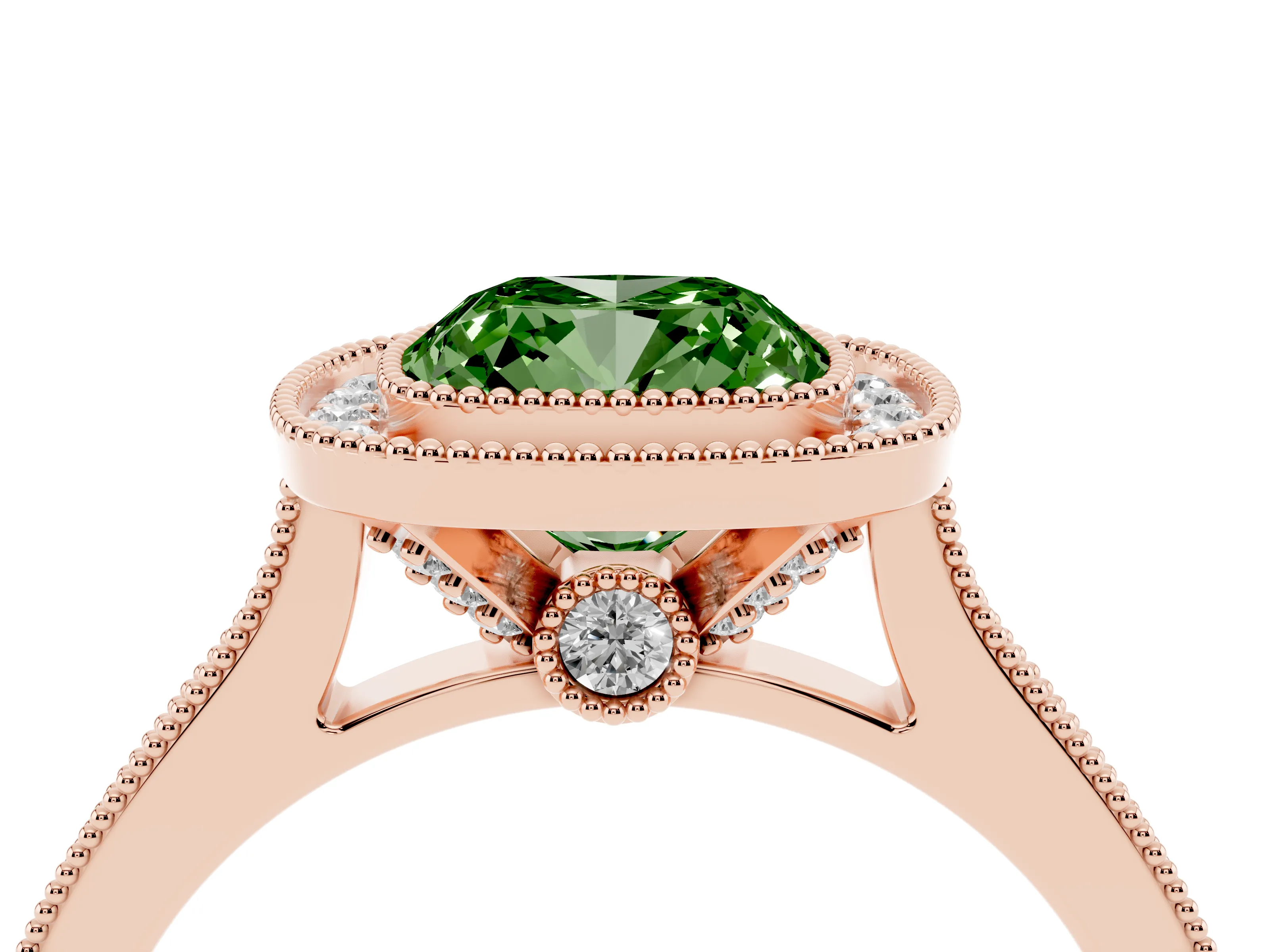 Fancy Green Cushion Cut Diamond Halo Milgrain Pavé Band Ring Set in Rose gold with Prong Setting
