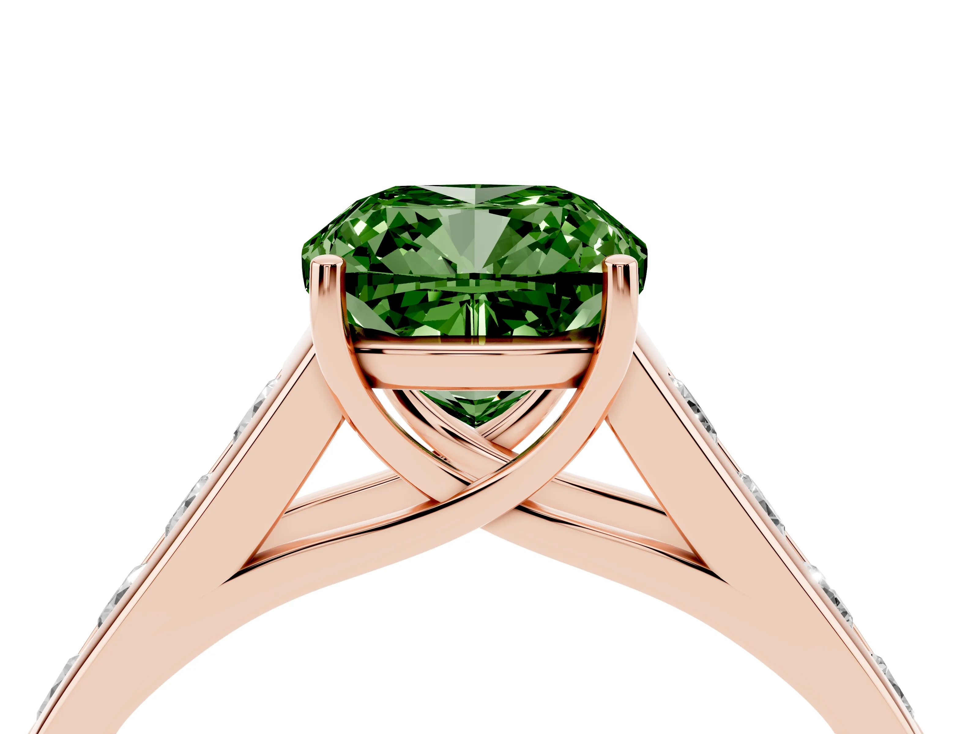 Fancy Green Cushion Cut Diamond Brilliant Channel-Set Solitaire Ring Set in Rose gold with Prong Setting