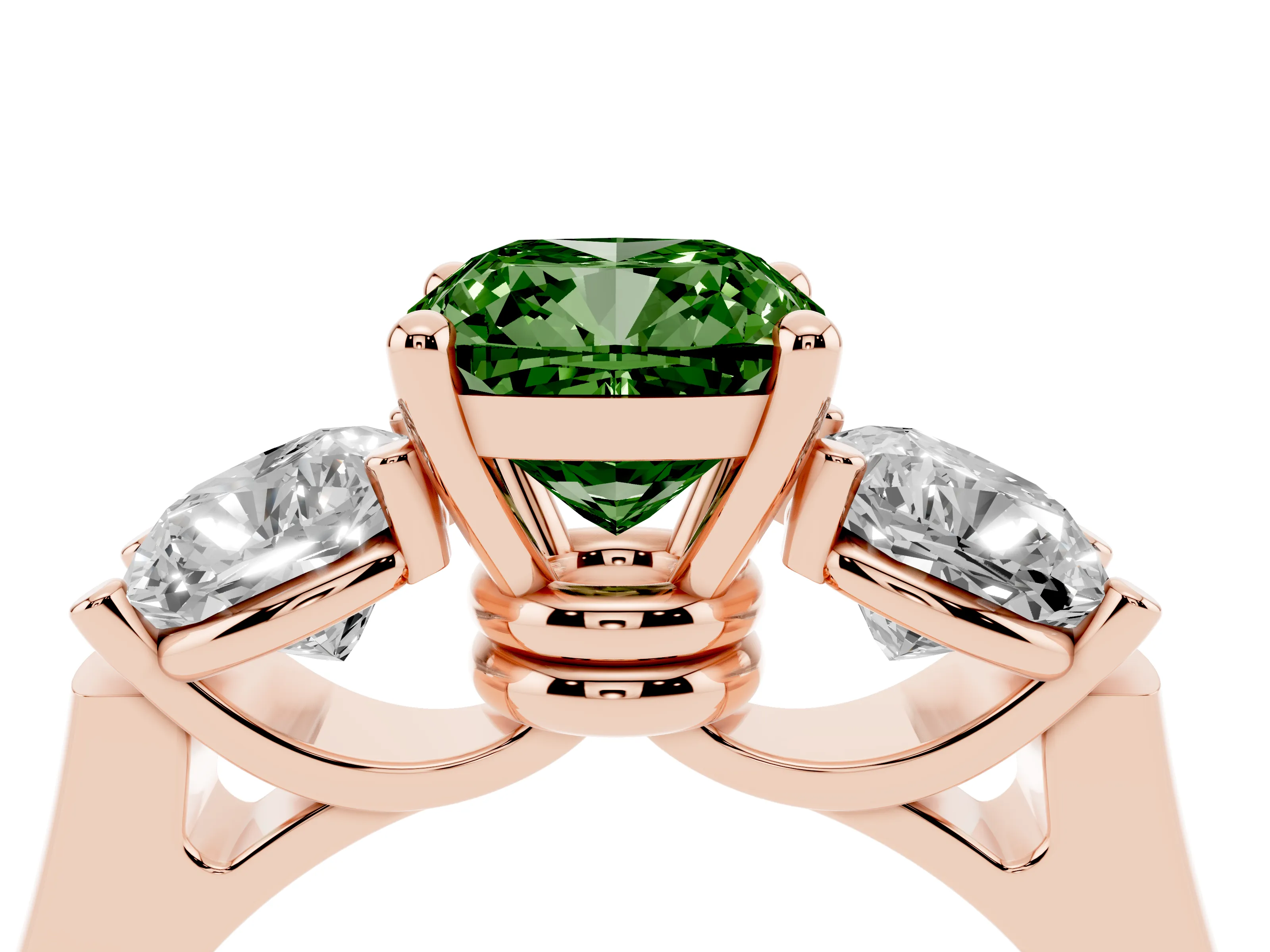 Fancy Green Cushion Cut Diamond Three-Stone Trellis Ring Set in Rose gold with Comfort Fit Band