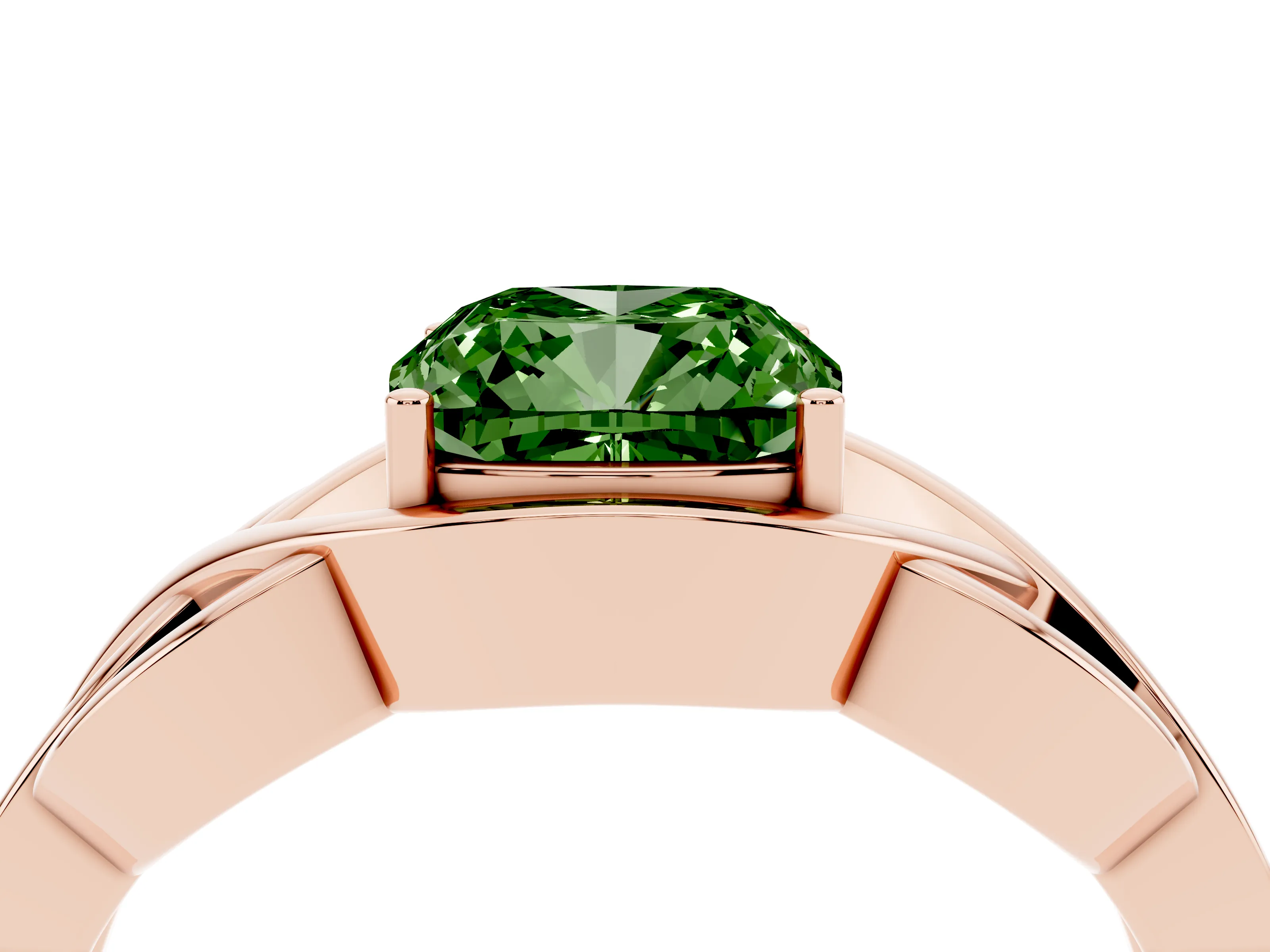Fancy Green Cushion Cut Diamond Solitaire Ring Set in Rose gold with Intertwined Band