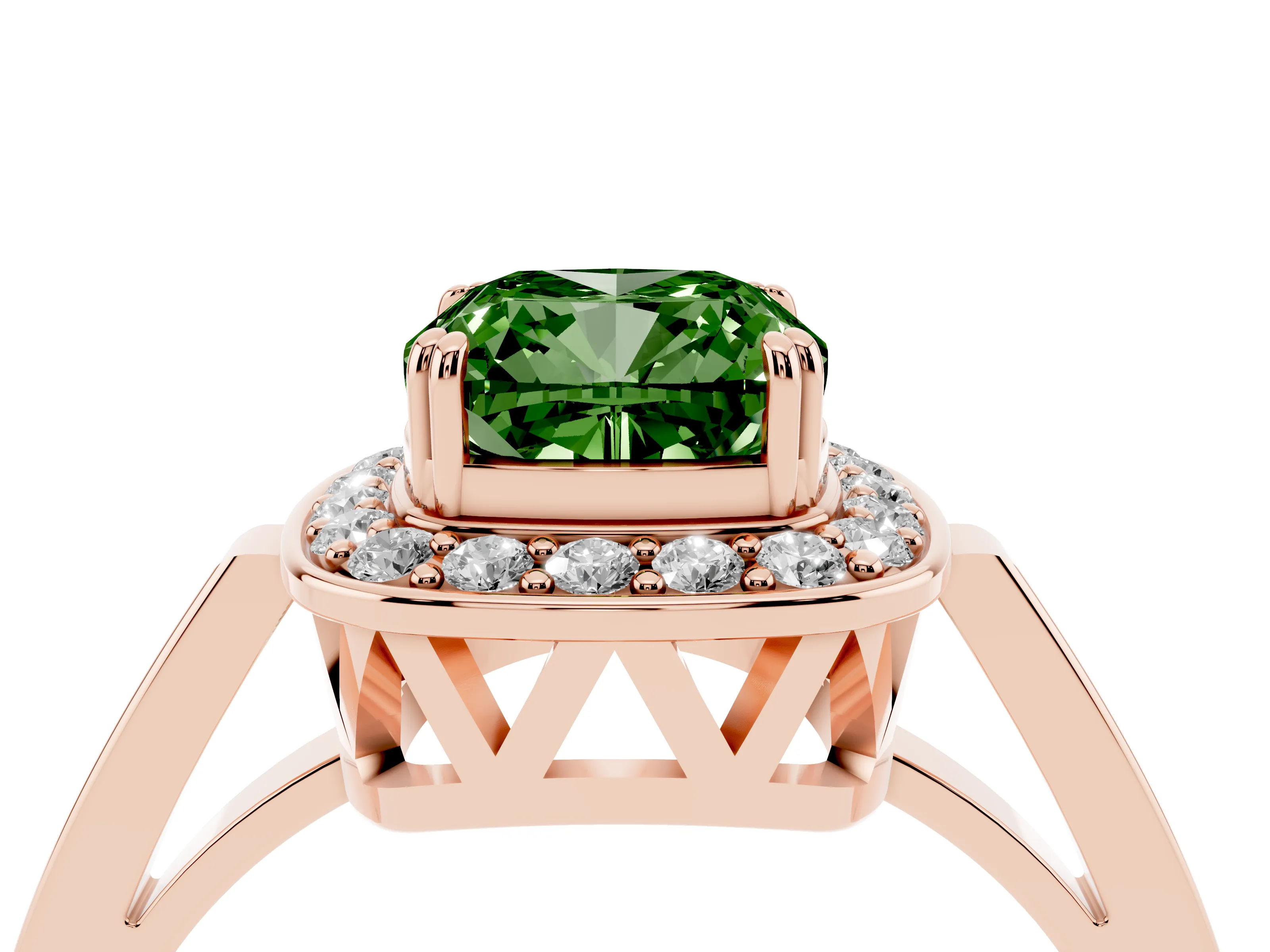 Fancy Green Cushion Cut Diamond Halo Ring Set in Rose gold with Accent-Lined Split Shank and Prong Setting