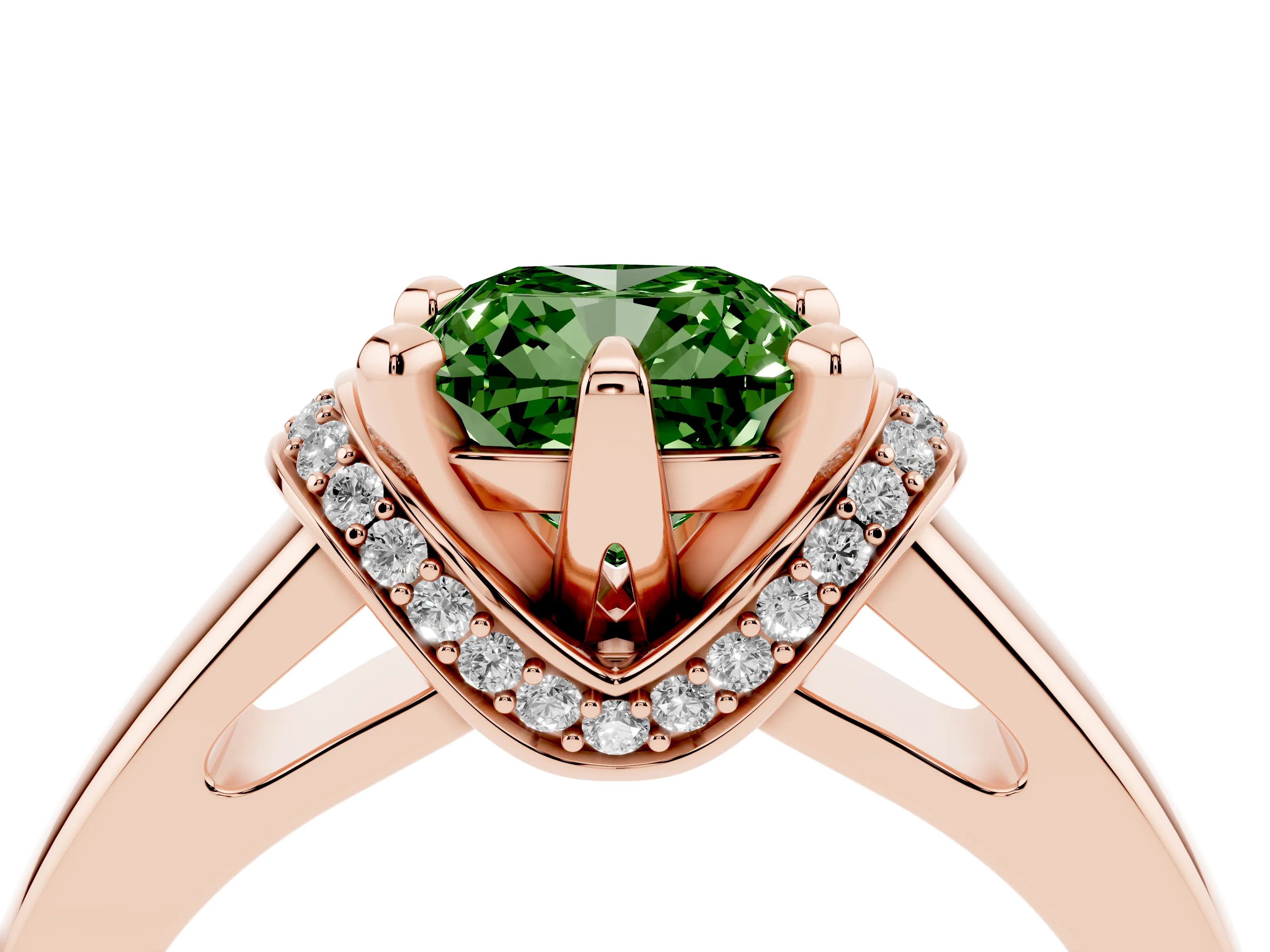 Fancy Green Cushion Cut Diamond Pavé Band Solitaire Ring Set in Rose gold with Prong Setting