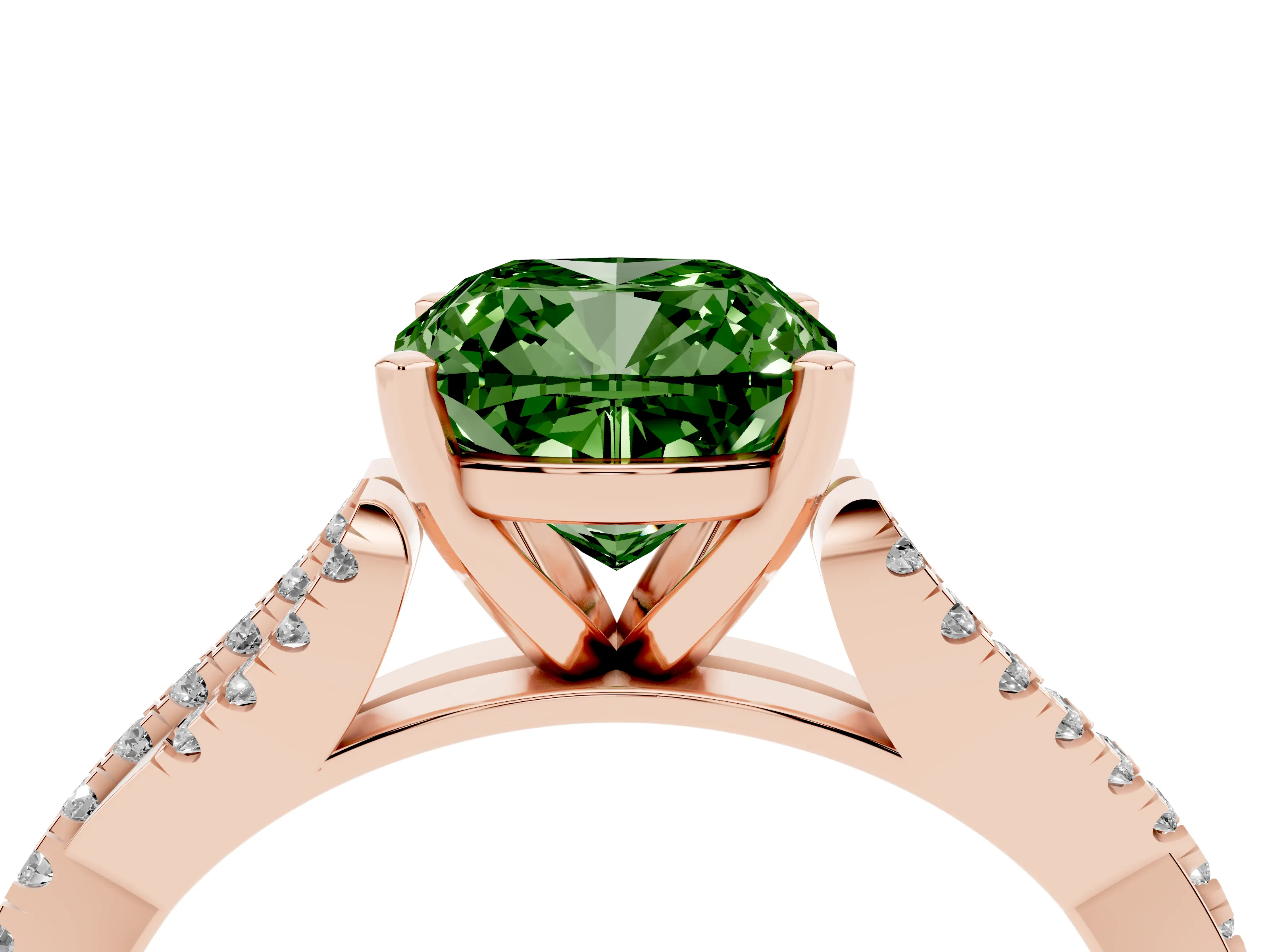 Fancy Green Cushion Cut Diamond Solitaire Engagement Ring Set in Rose gold with Twisted Pavé Band and Prong Setting