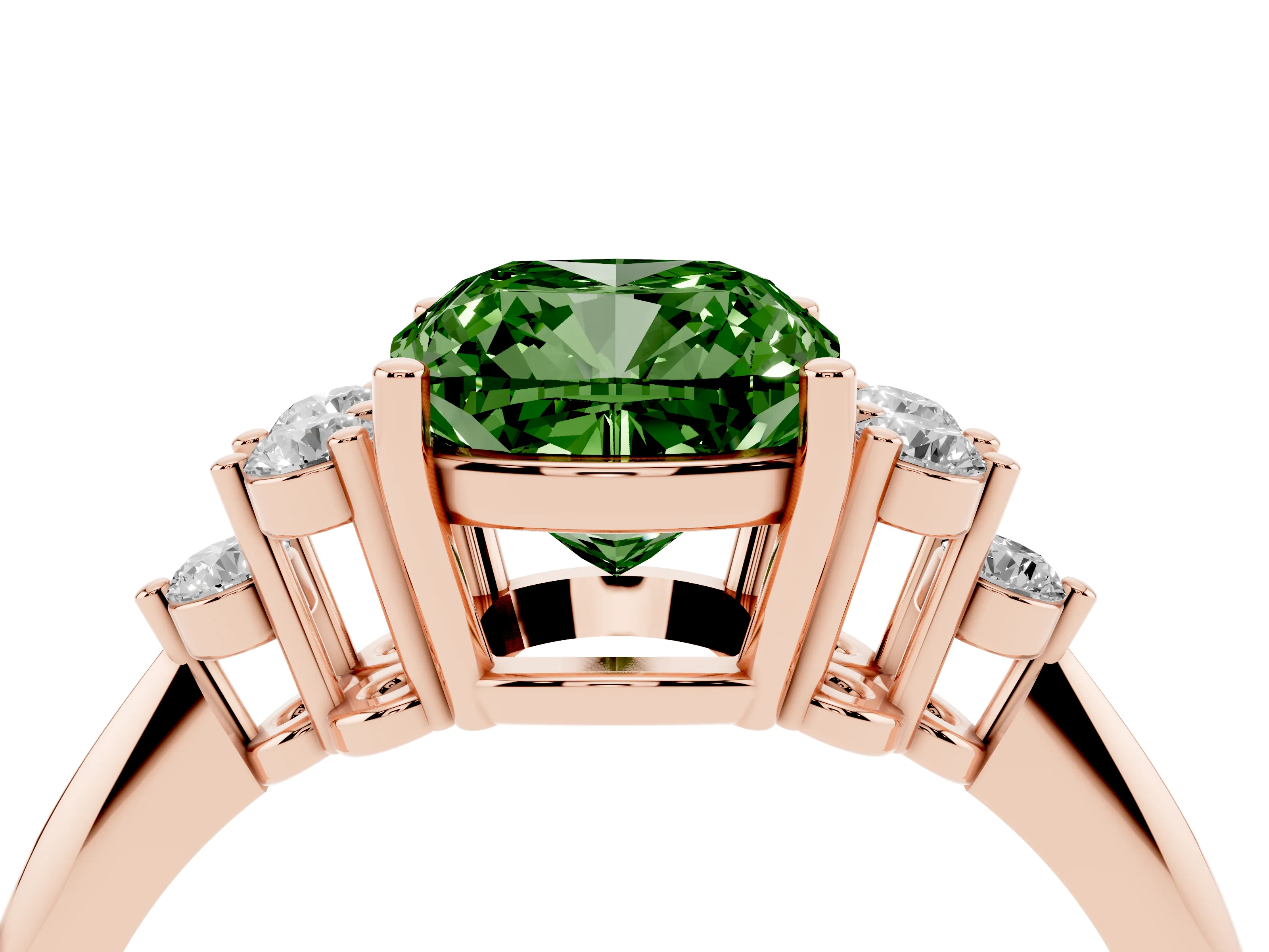 Fancy Green Cushion Cut Diamond Cluster Ring Set in Rose gold with Plain Band and Prong Setting
