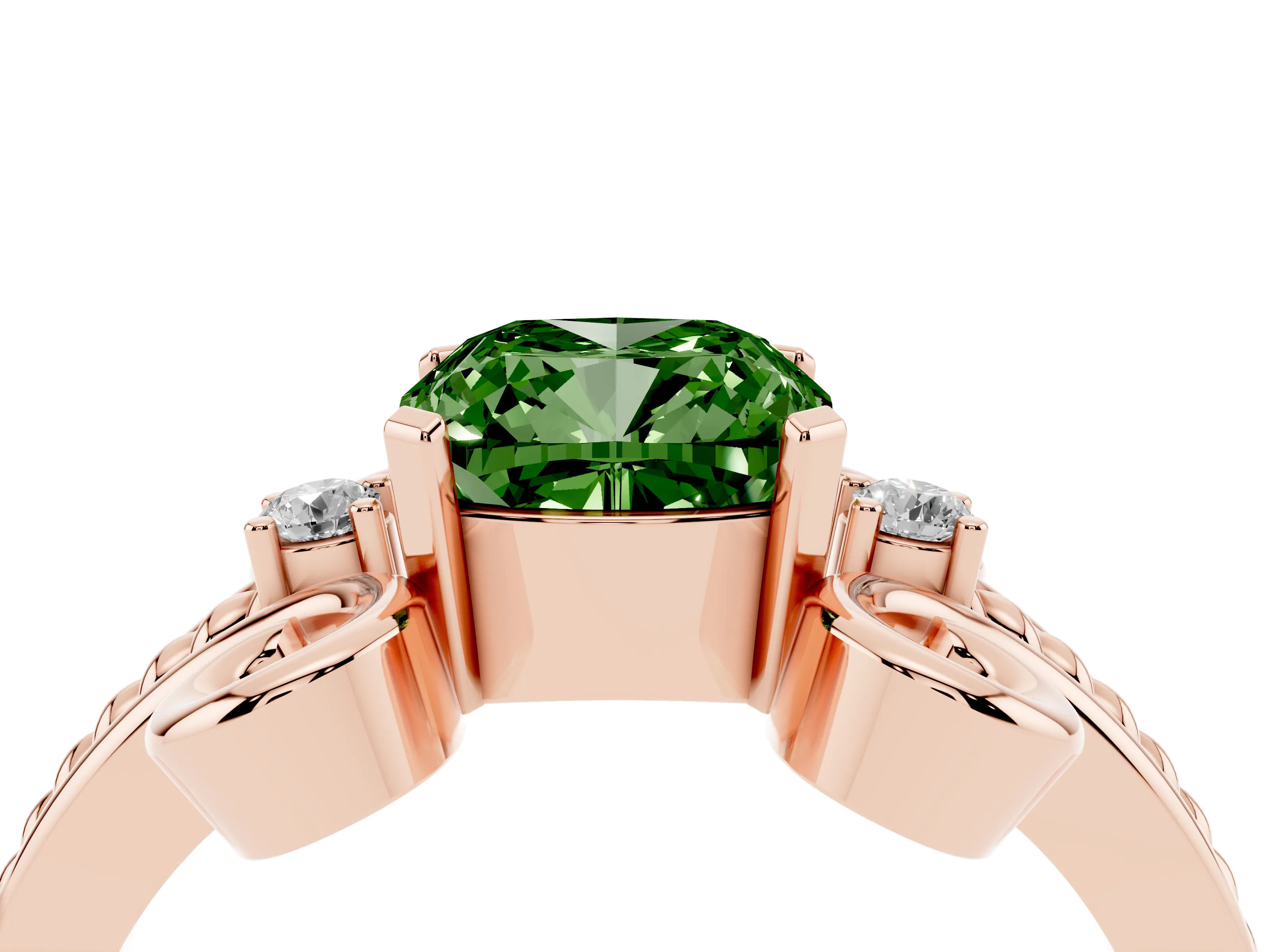 Fancy Green Cushion Cut Diamond Twisted Band Solitaire Ring Set in Rose gold with Scroll Prongs