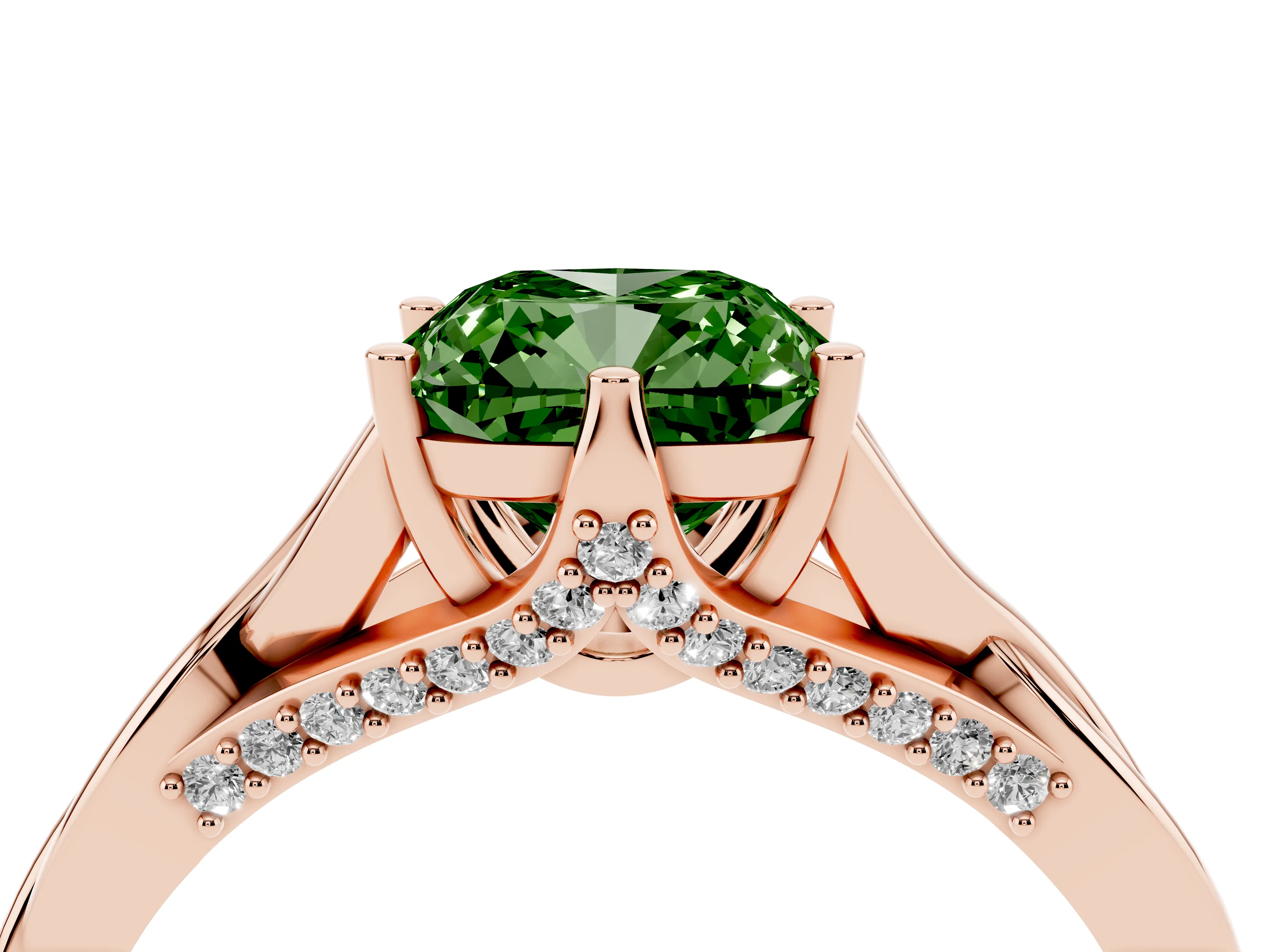 Fancy Green Cushion Cut Diamond Intertwined Twist Band Solitaire Ring Set in Rose gold with Prong Setting