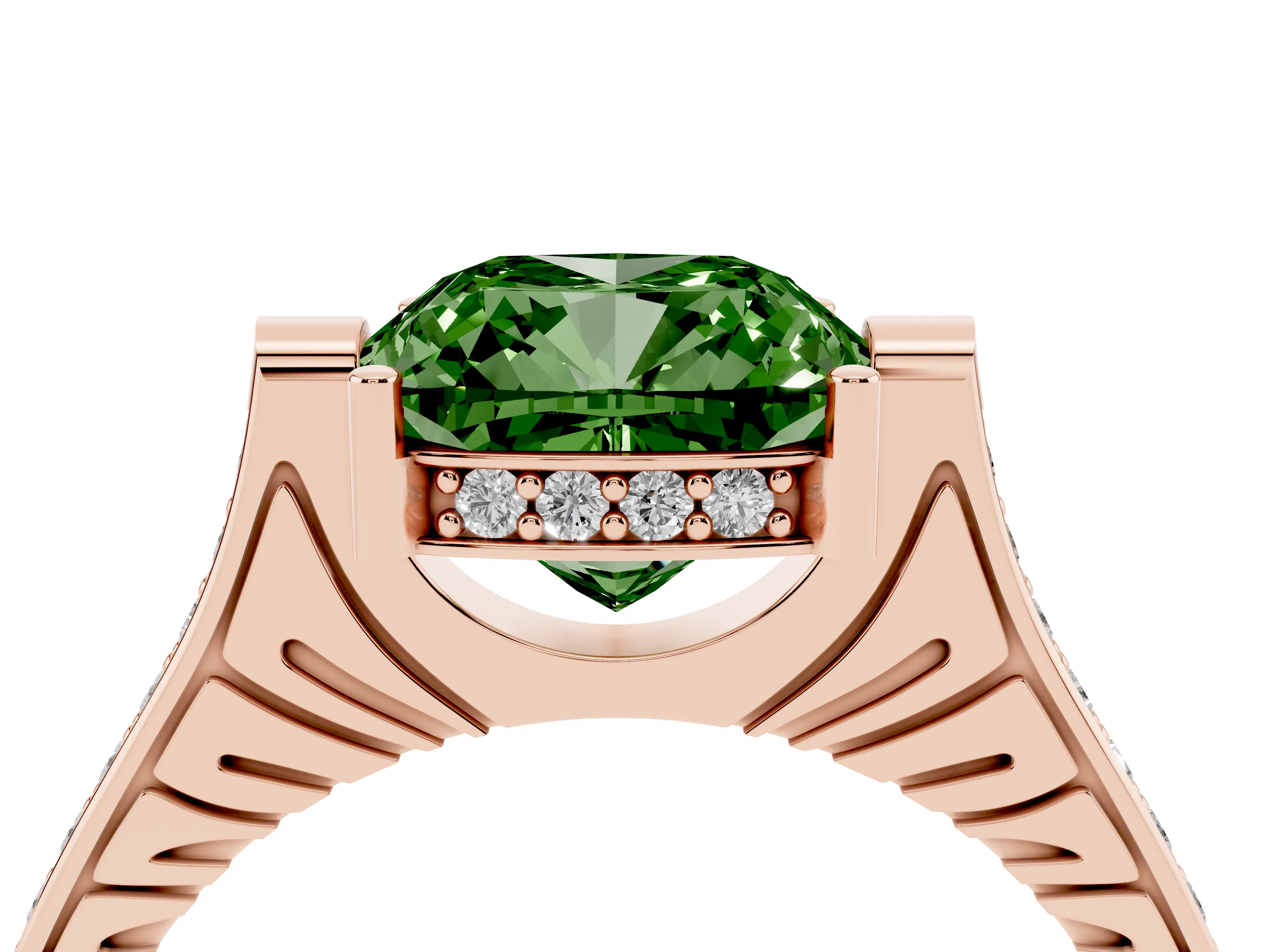 Fancy Green Cushion Cut Diamond Solitaire Ring Set in Rose gold with Channel Set Band and Bezel Prong Setting