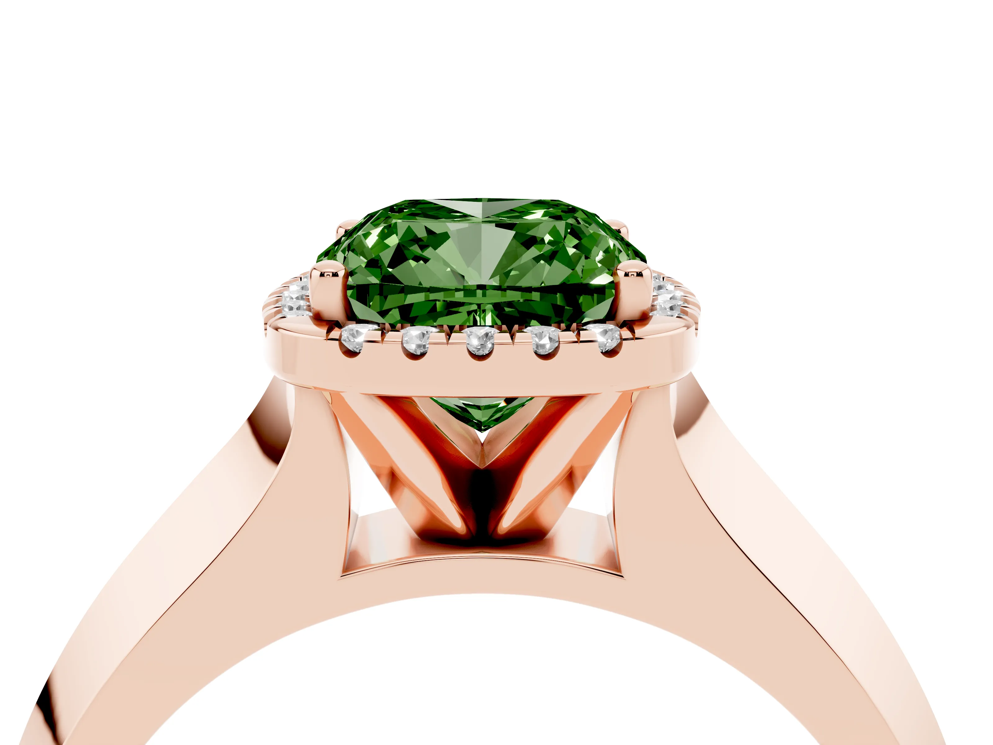 Fancy Green Cushion Cut Diamond Halo Ring Set in Rose gold with Cathedral Band and Prong Setting