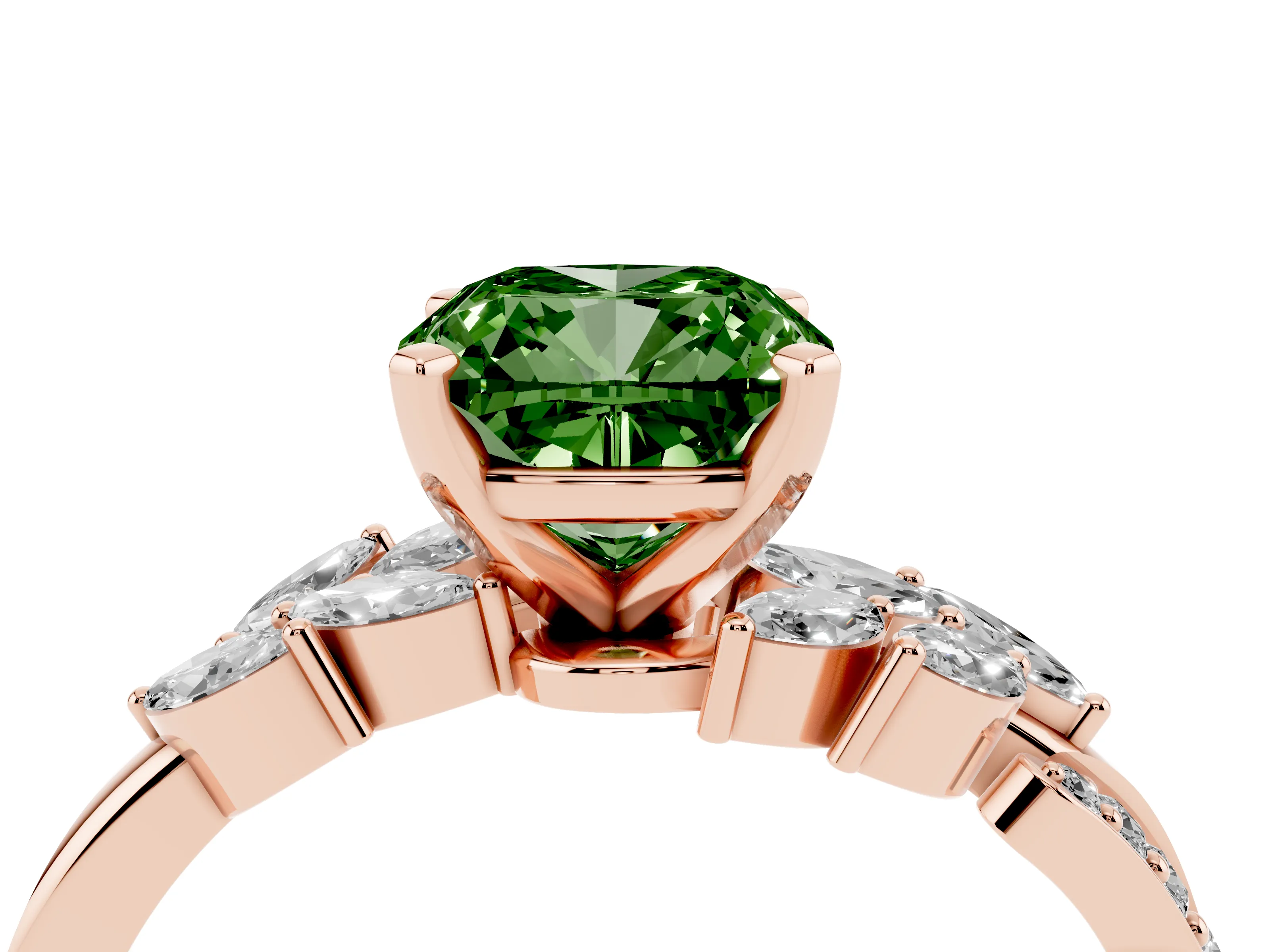 Fancy Green Cushion Cut Diamond Solitaire Ring Set in Rose gold with Marquise Twist Band and Prong Setting