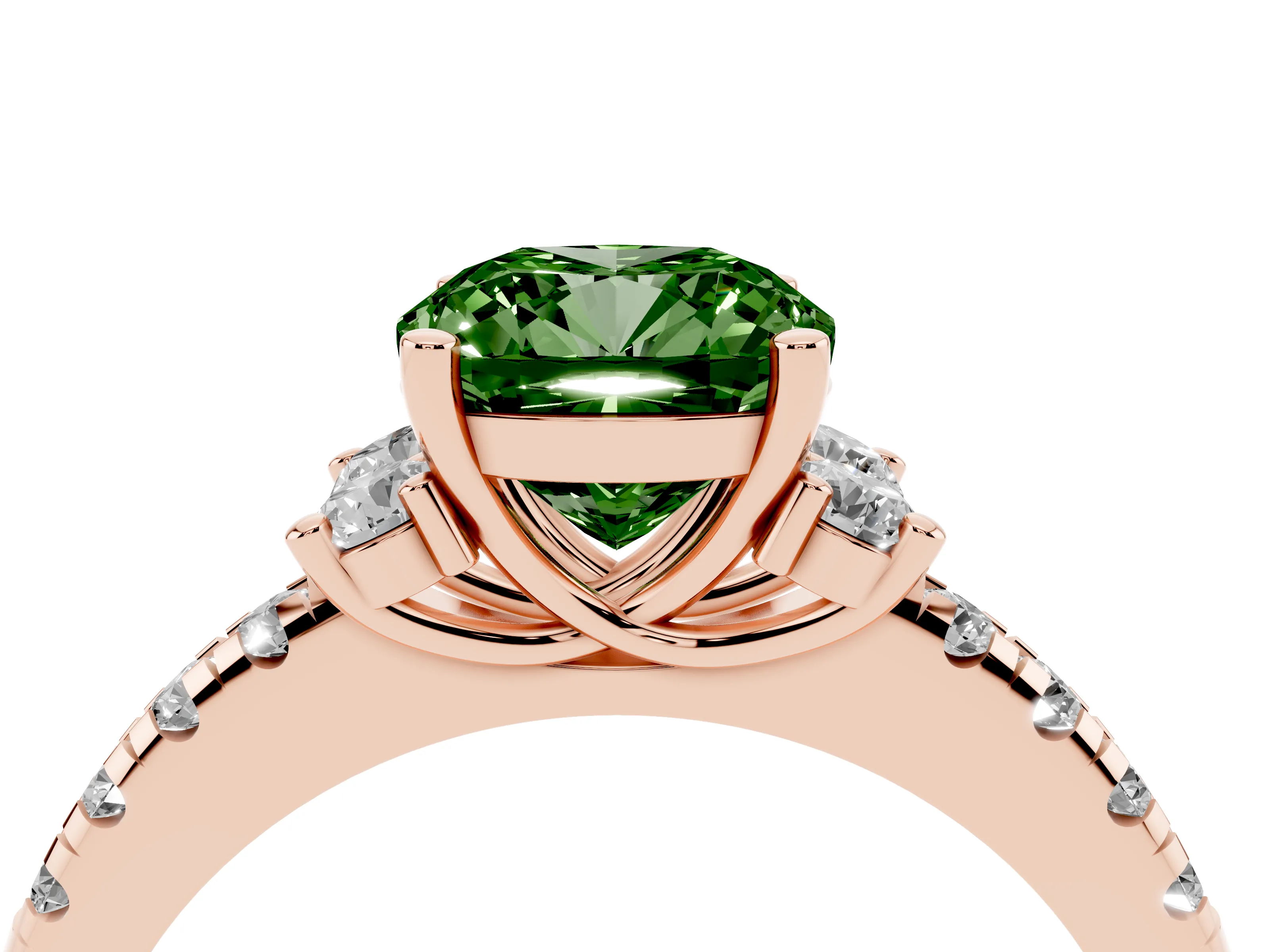 Fancy Green Cushion Cut Diamond Three-Stone Pavé Ring Set in Rose gold with Prong Setting