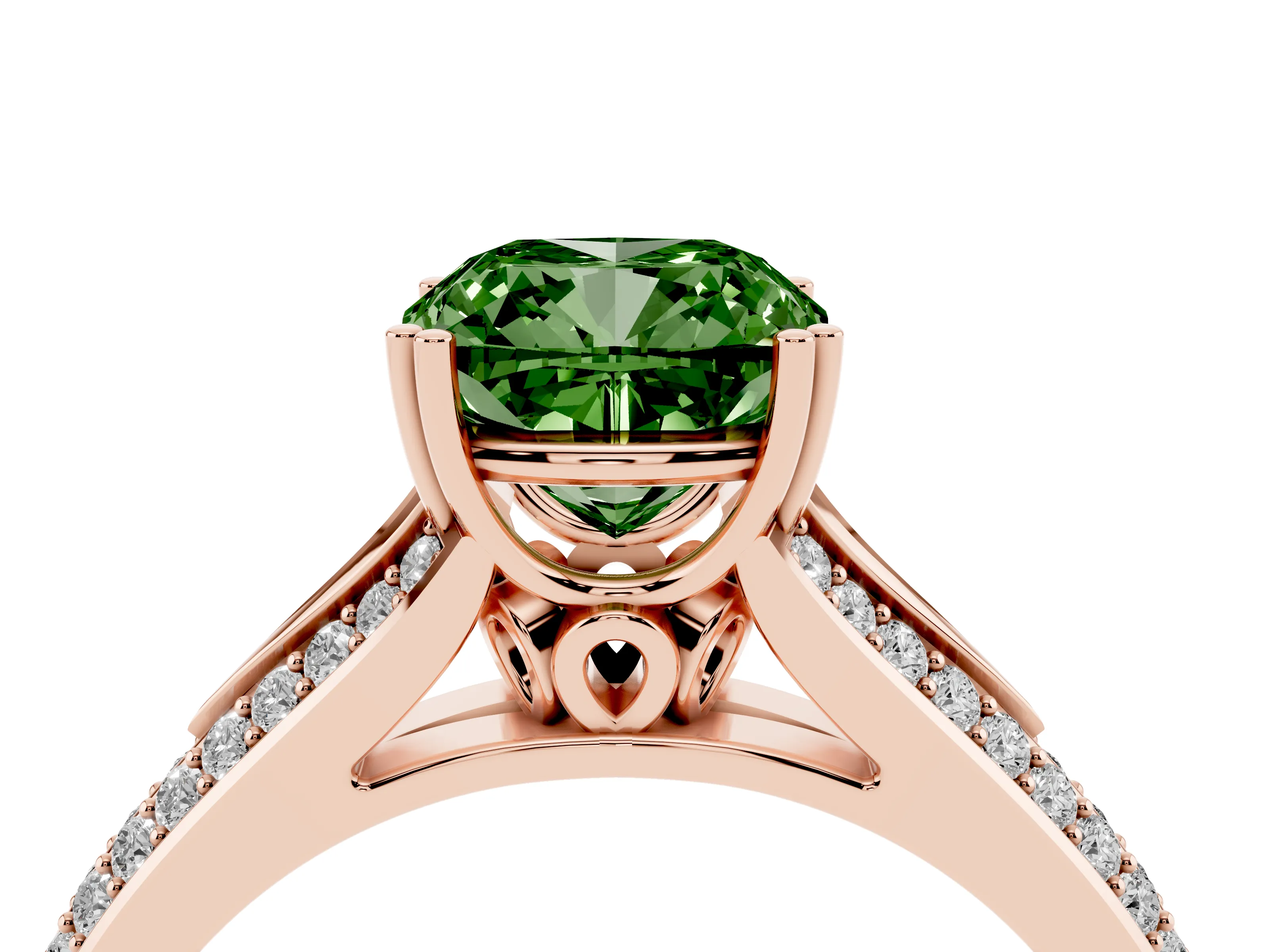 Fancy Green Cushion Cut Diamond Split Shank Pavé Engagement Ring Set in Rose gold with Prong-Set Center Stone