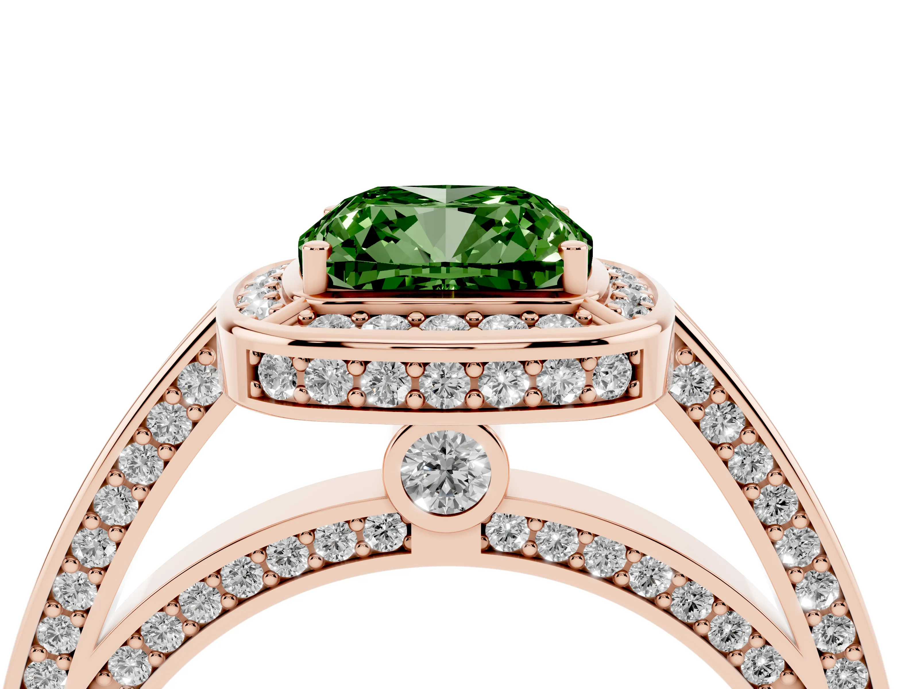 Fancy Green Cushion Cut Diamond Halo Pavé Split Shank Ring Set in Rose gold with Prong Setting