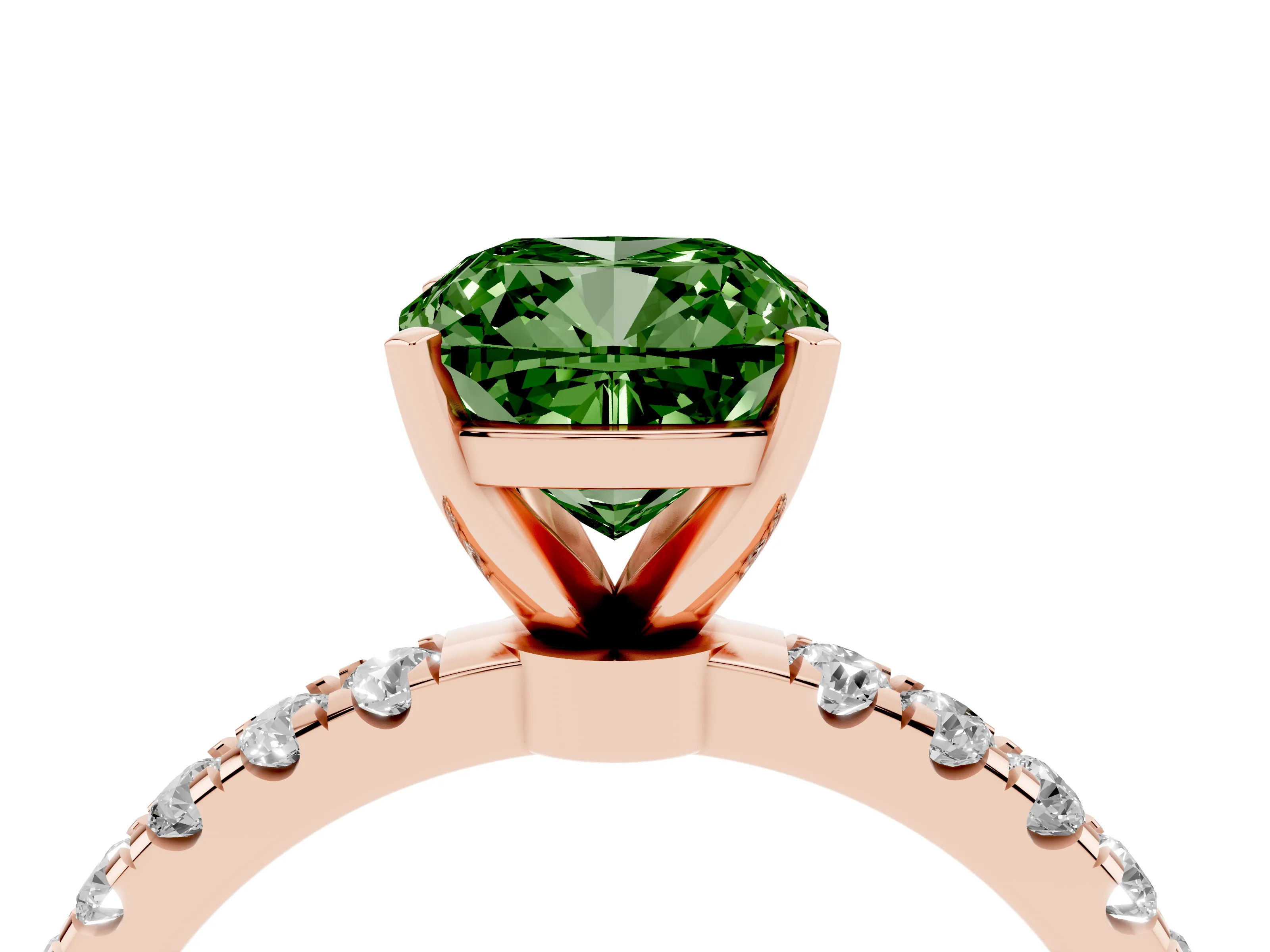 Fancy Green Cushion Cut Diamond Solitaire Ring Set in Rose gold with Pavé Accents and Prong Setting