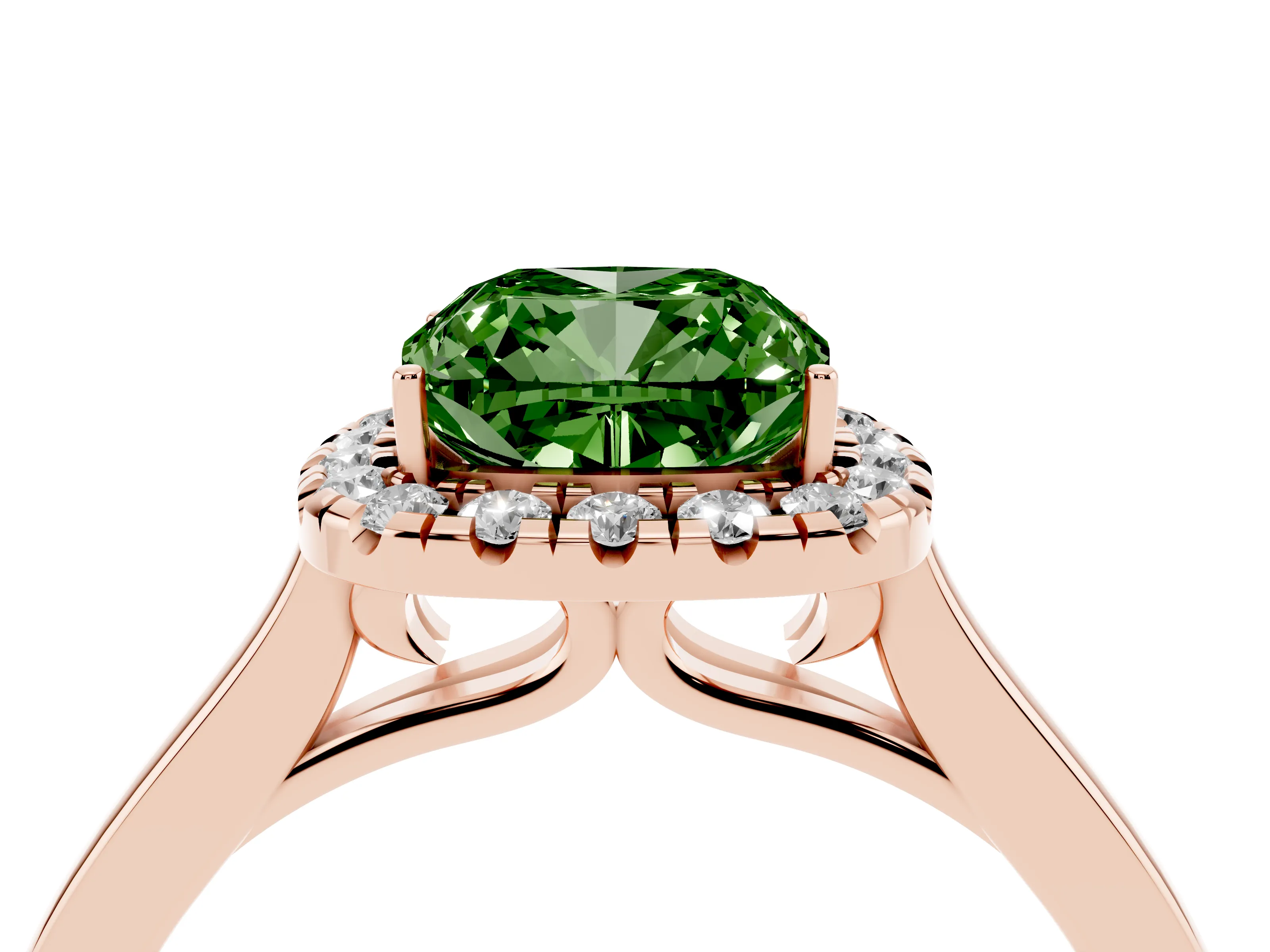 Fancy Green Cushion Cut Halo Round Diamond Solitaire Ring Set in Rose gold with Pavé Band and Prong Setting