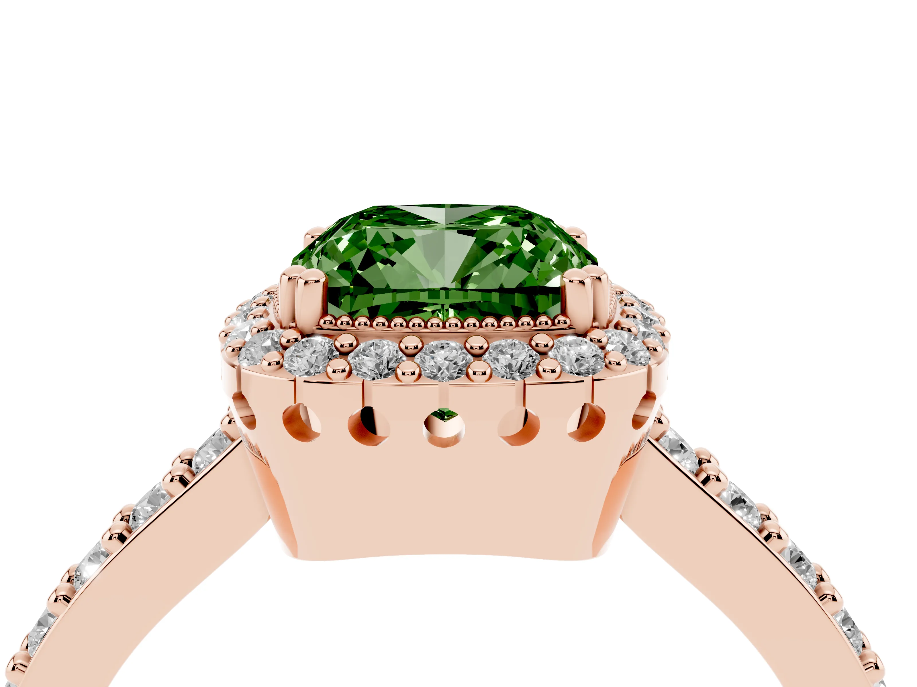 Fancy Green Cushion Cut Diamond Halo Engagement Ring Set in Rose gold with Milgrain Detail and Pavé Band