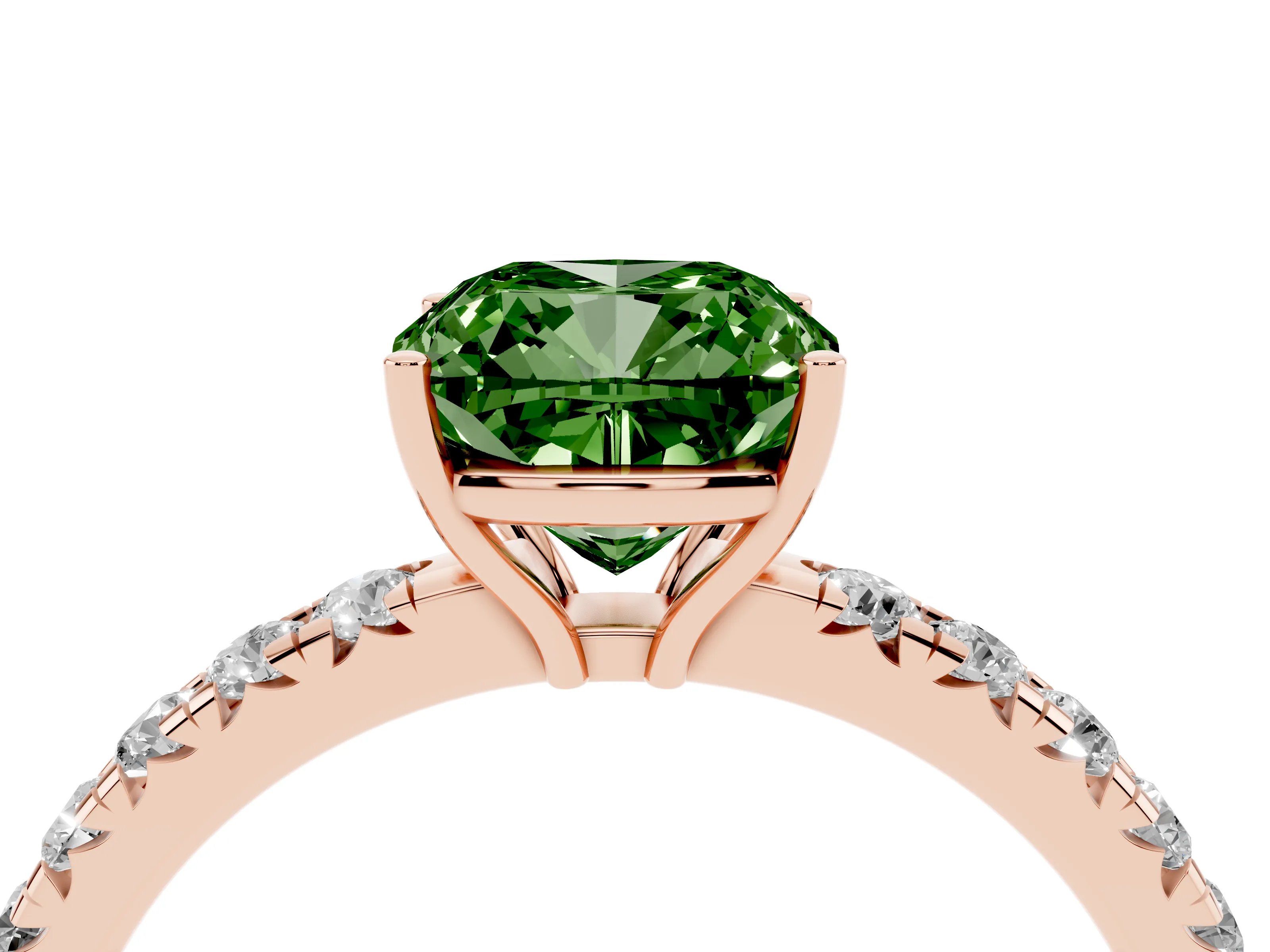 Fancy Green Cushion Cut Diamond Pavé Solitaire Engagement Ring Set in Rose gold with Prong Setting