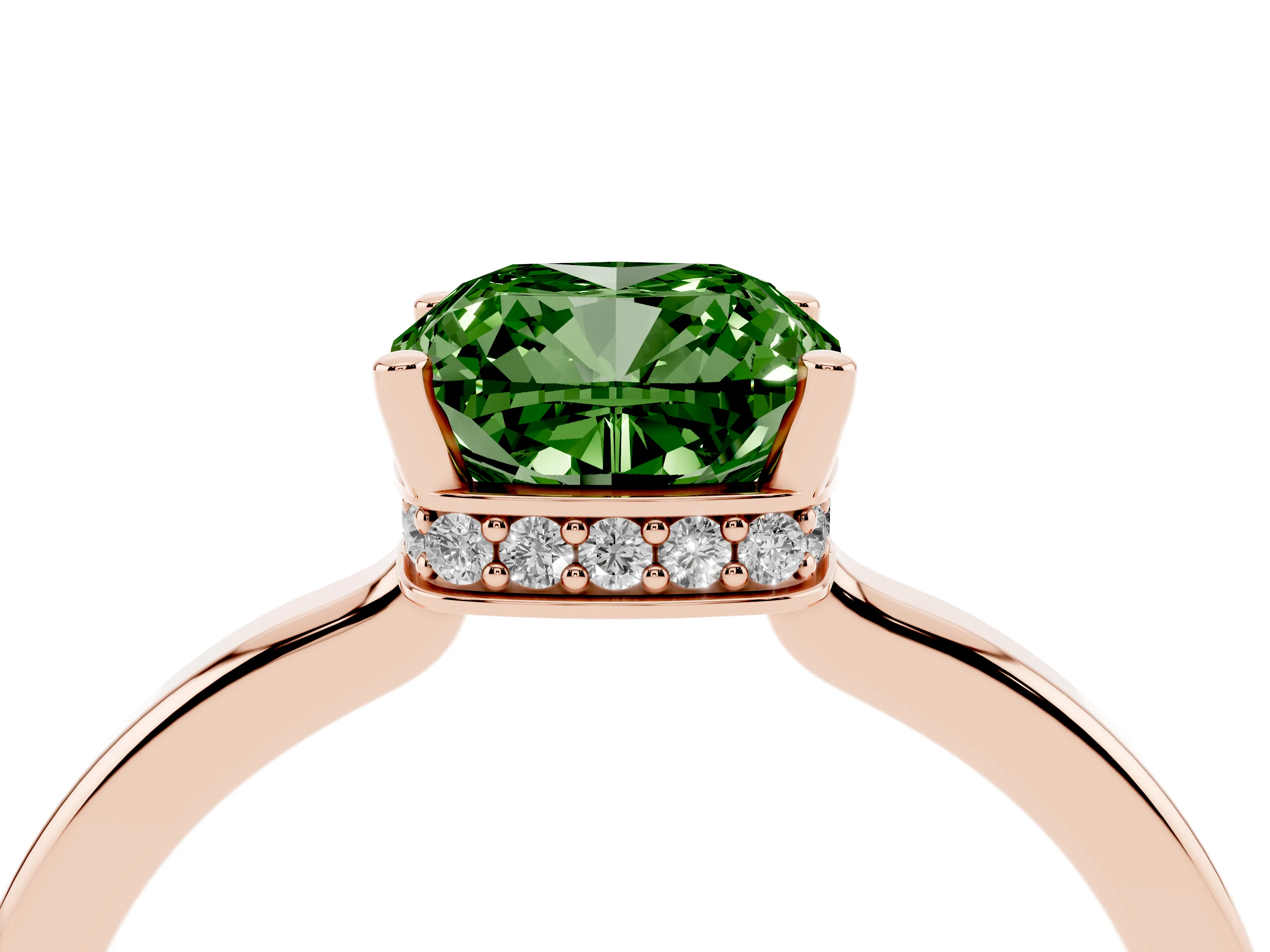 Fancy Green Cushion Cut Diamond Solitaire Engagement Ring Set in Rose gold with Prong Setting on a Plain Band
