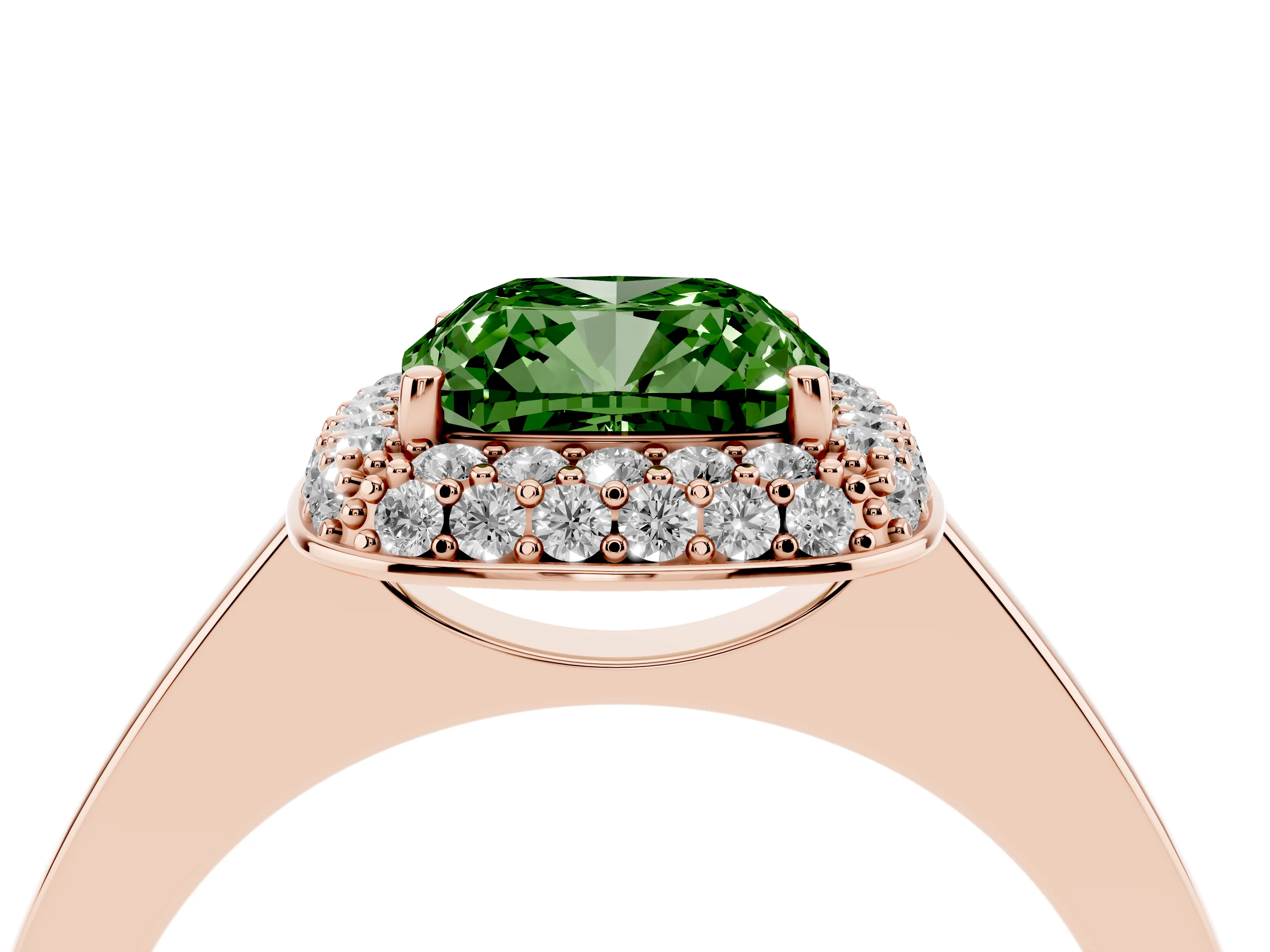 Fancy Green Cushion Cut Diamond Halo Engagement Ring Set in Rose gold with Solitaire Band and Prong Setting