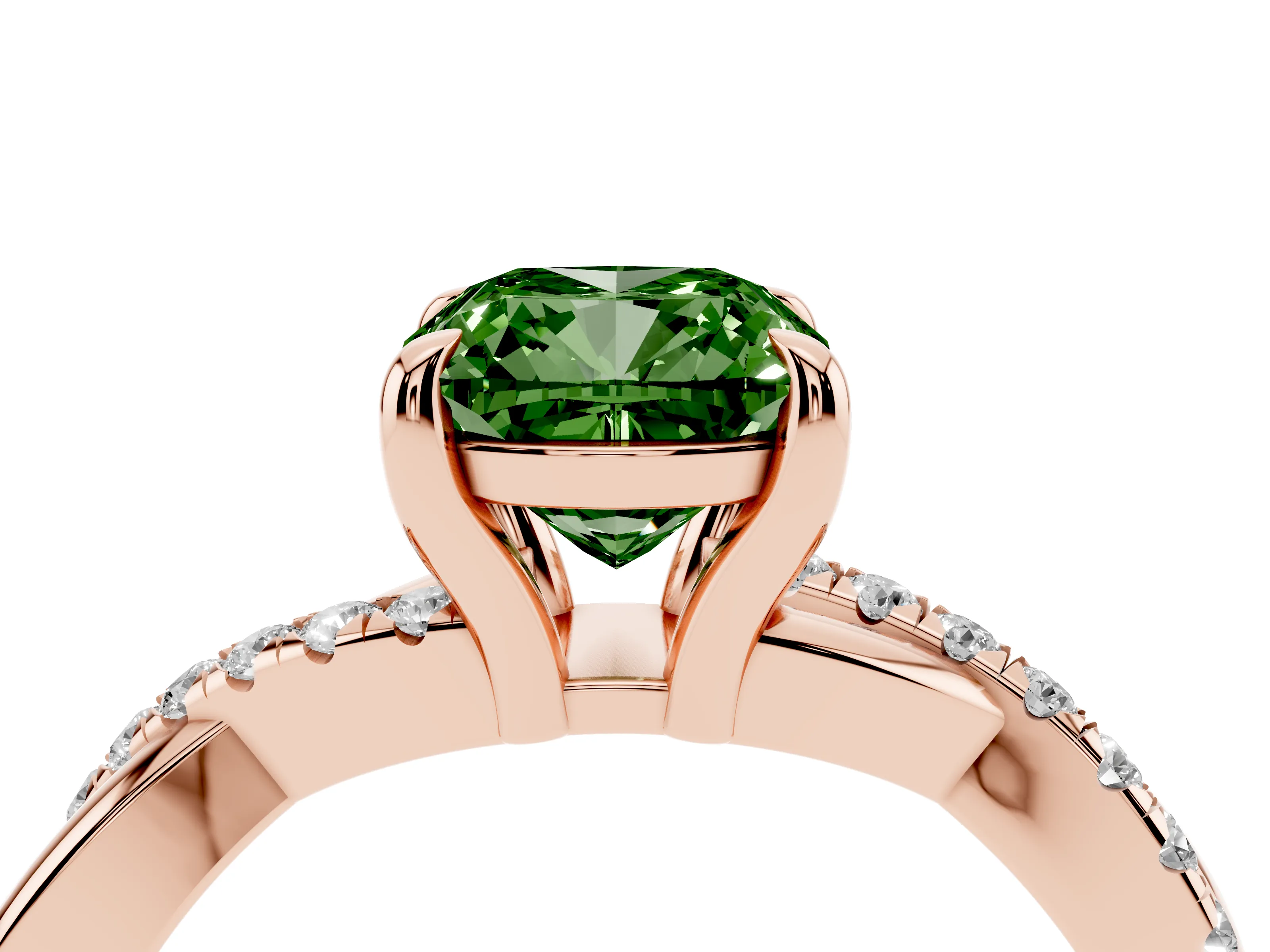 Fancy Green Cushion Cut Diamond Twist Band Pavé Solitaire Ring Set in Rose gold with Prong Setting