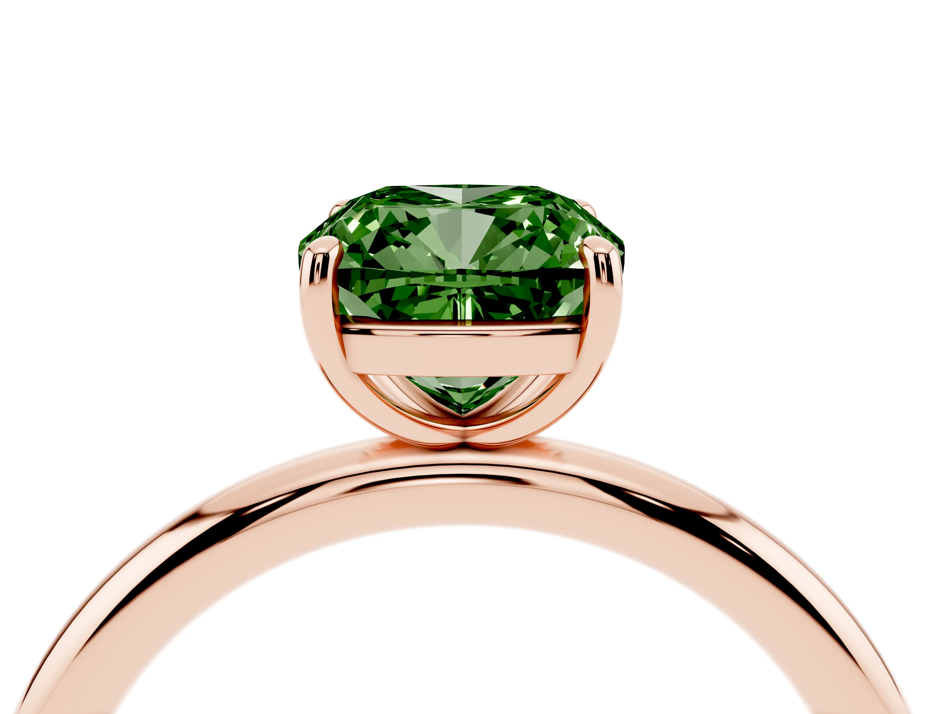 Fancy Green Cushion Cut Diamond Solitaire Ring Set in Rose gold with Prong Setting on a Polished Plain Band