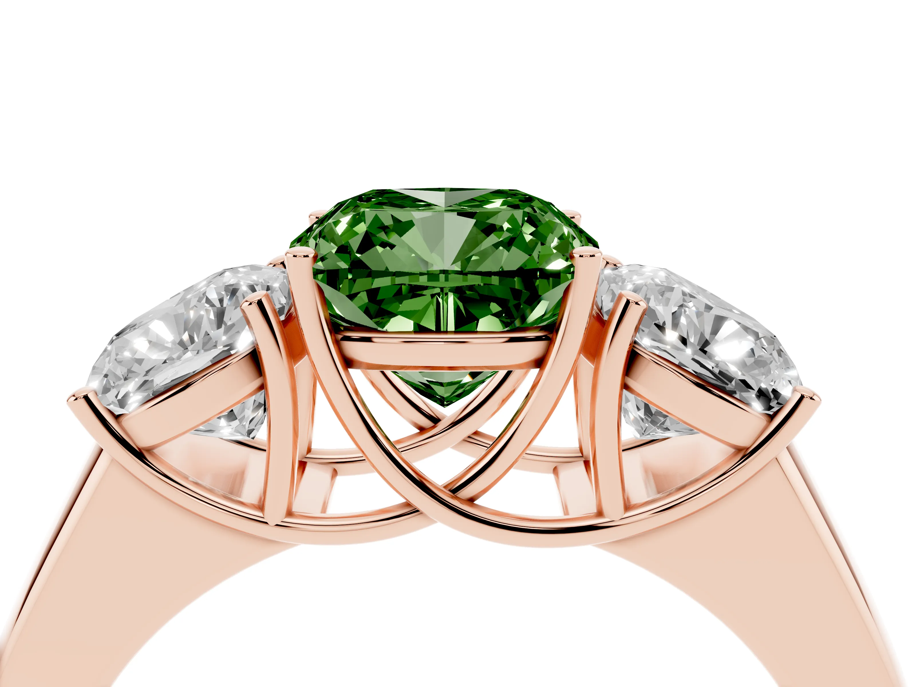 Fancy Green Three-Stone Cushion Cut Diamond Ring Set in Rose gold with Matching Prong Settings and Plain Band