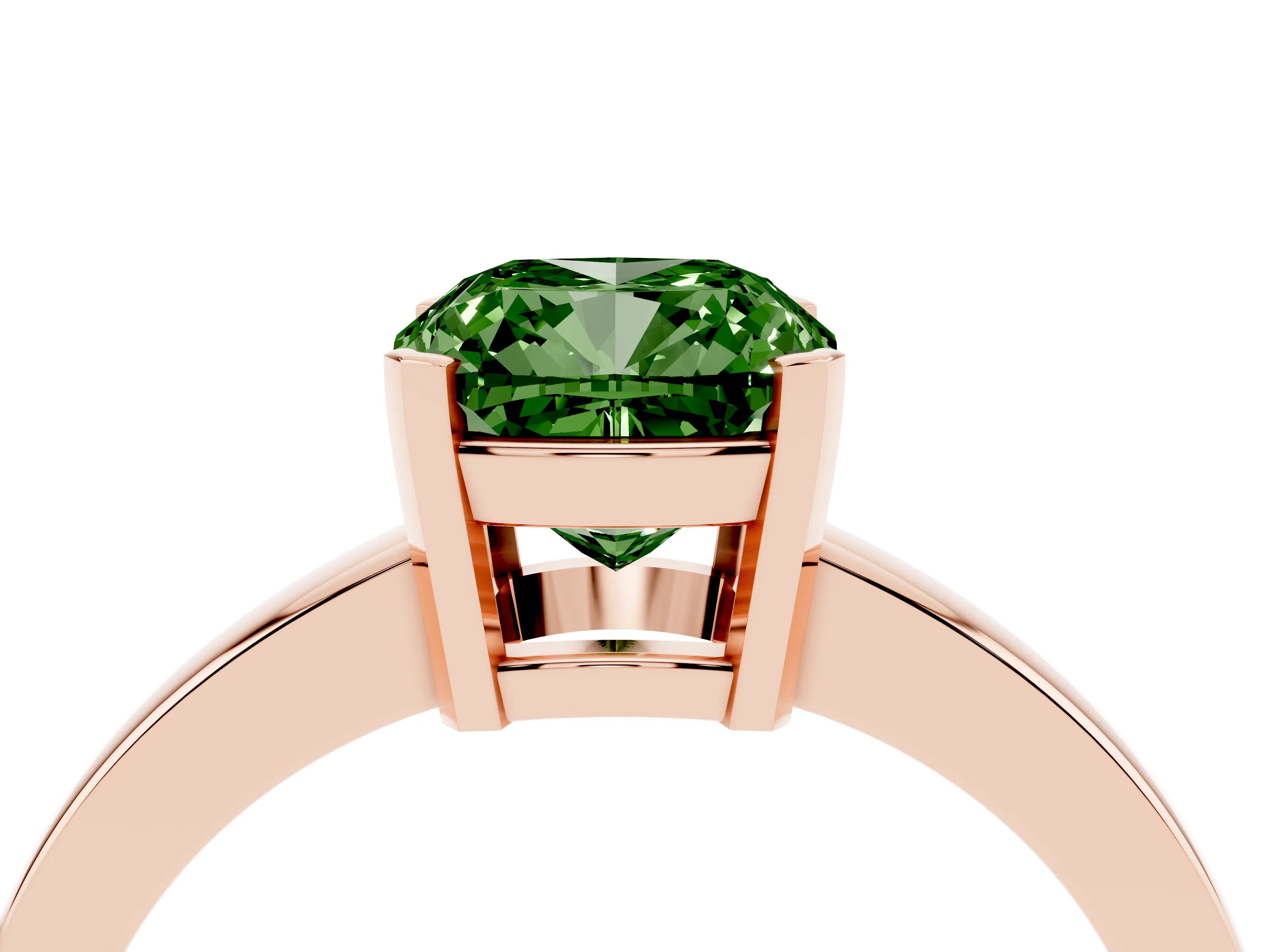 Fancy Green Cushion Cut Diamond Solitaire Ring Set in Rose gold with Prong Head and Smooth Polished Band