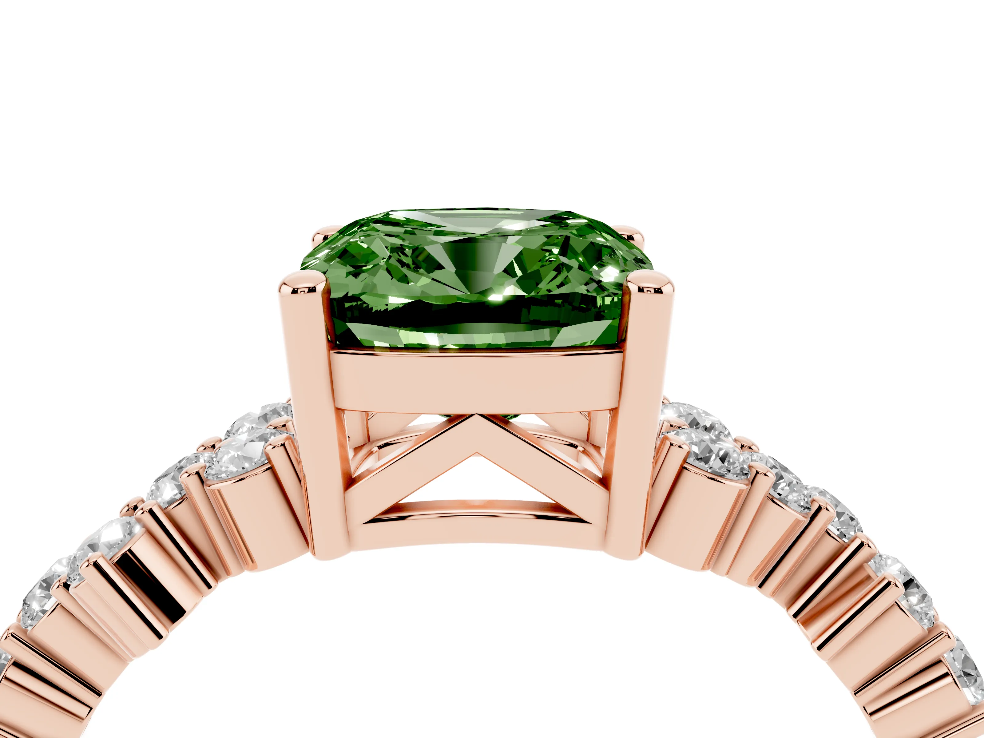 Fancy Green Cushion Cut Diamond Ring Set in Rose gold with Scattered Round Accents