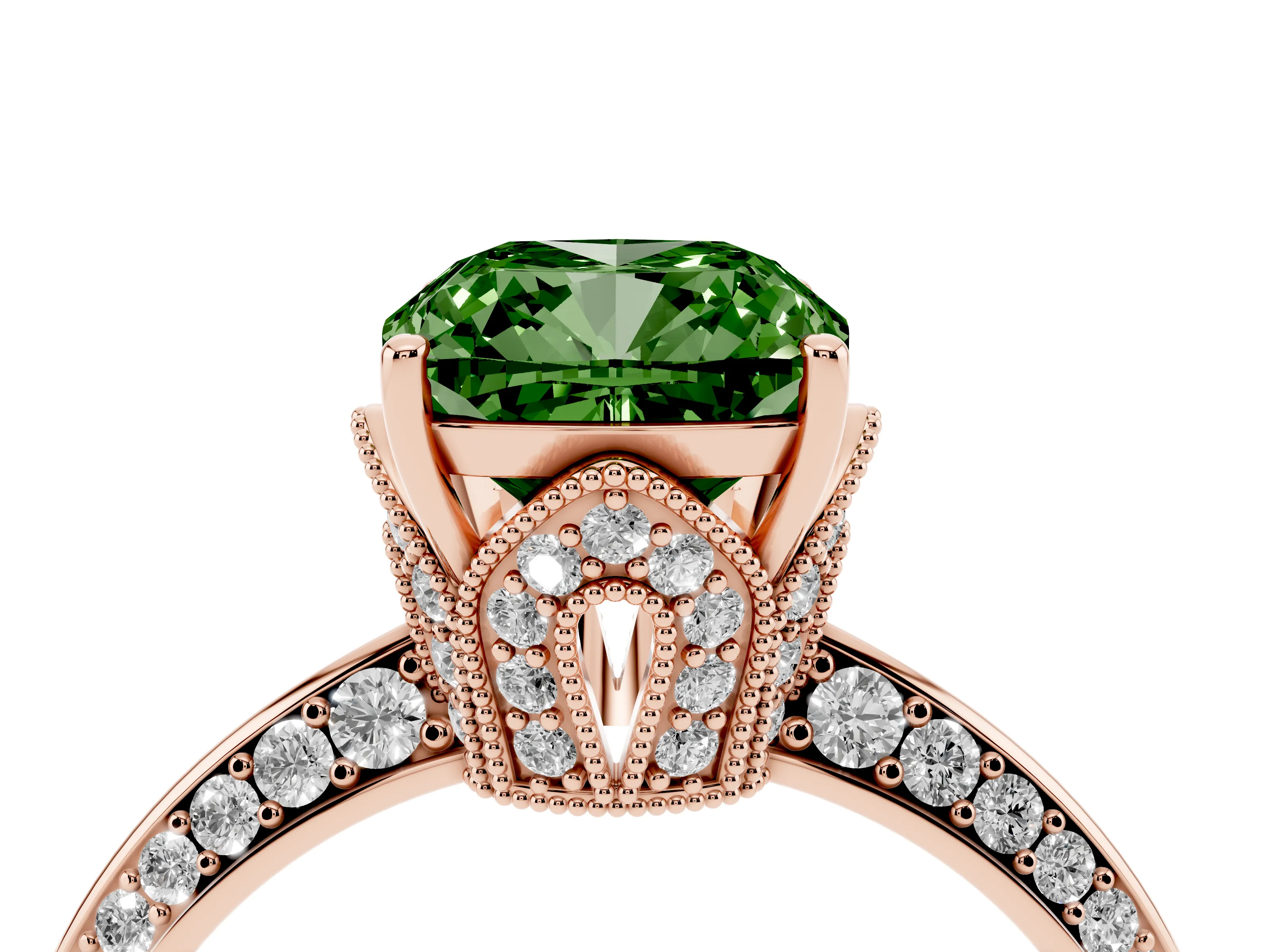 Fancy Green Cushion Cut Diamond Solitaire Engagement Ring Set in Rose gold with Pavé Split Shank and Prong Setting