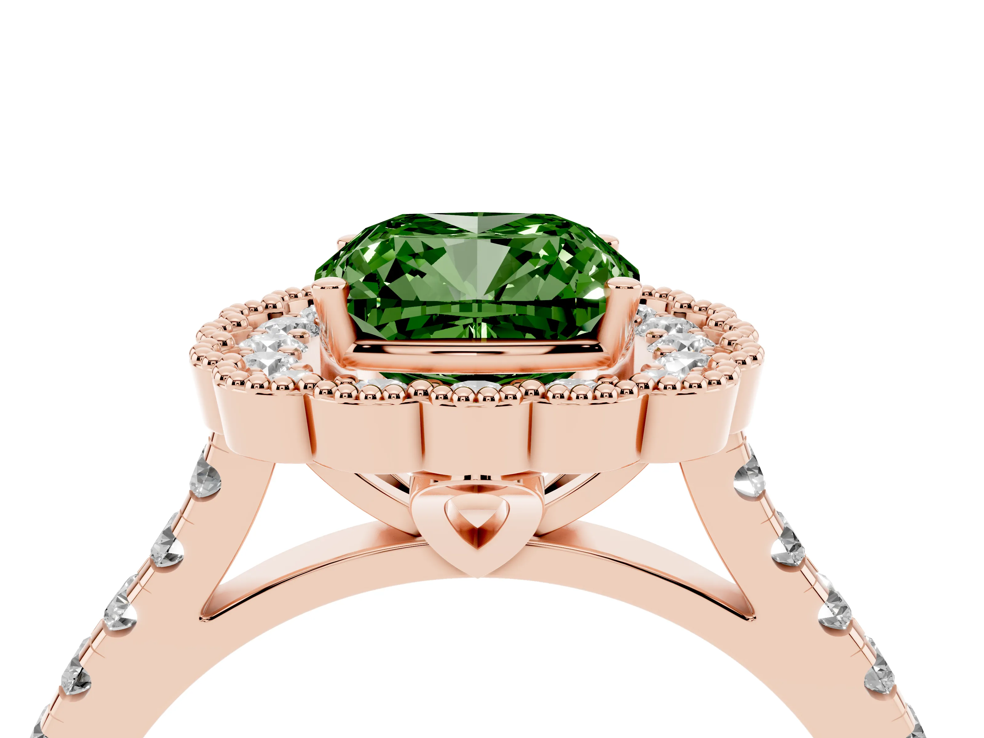 Fancy Green Cushion Cut Diamond Milgrain Floral Halo Engagement Ring Set in Rose gold with Pavé Band