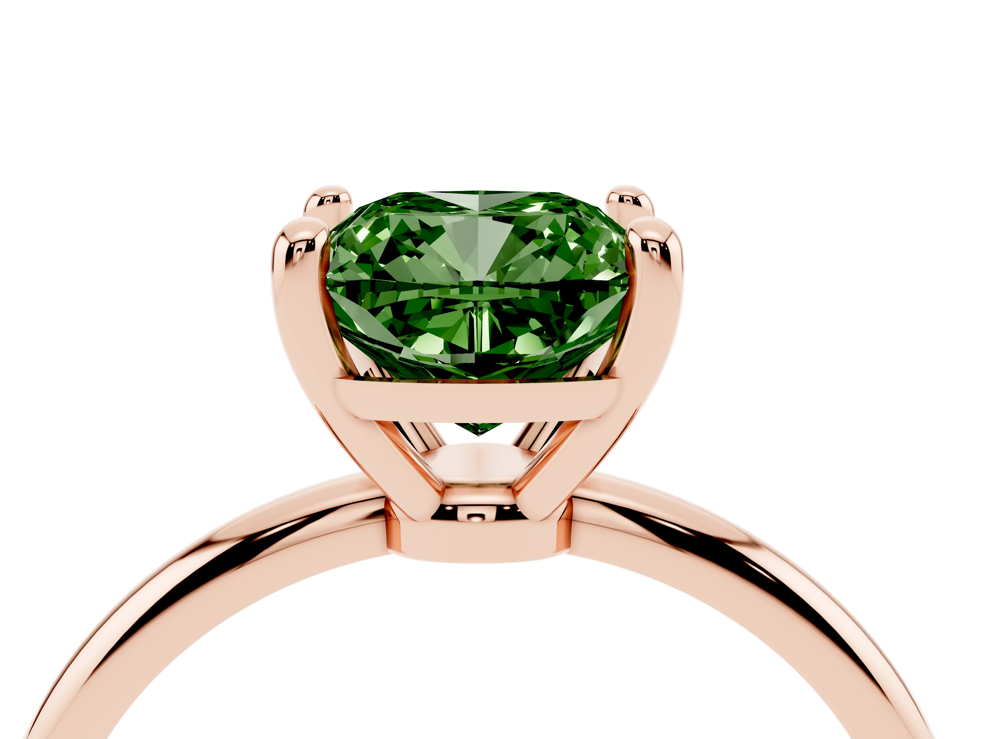 Fancy Green Cushion Cut Diamond Solitaire Ring Set in Rose gold with Secure Prong Setting on a Classic Band