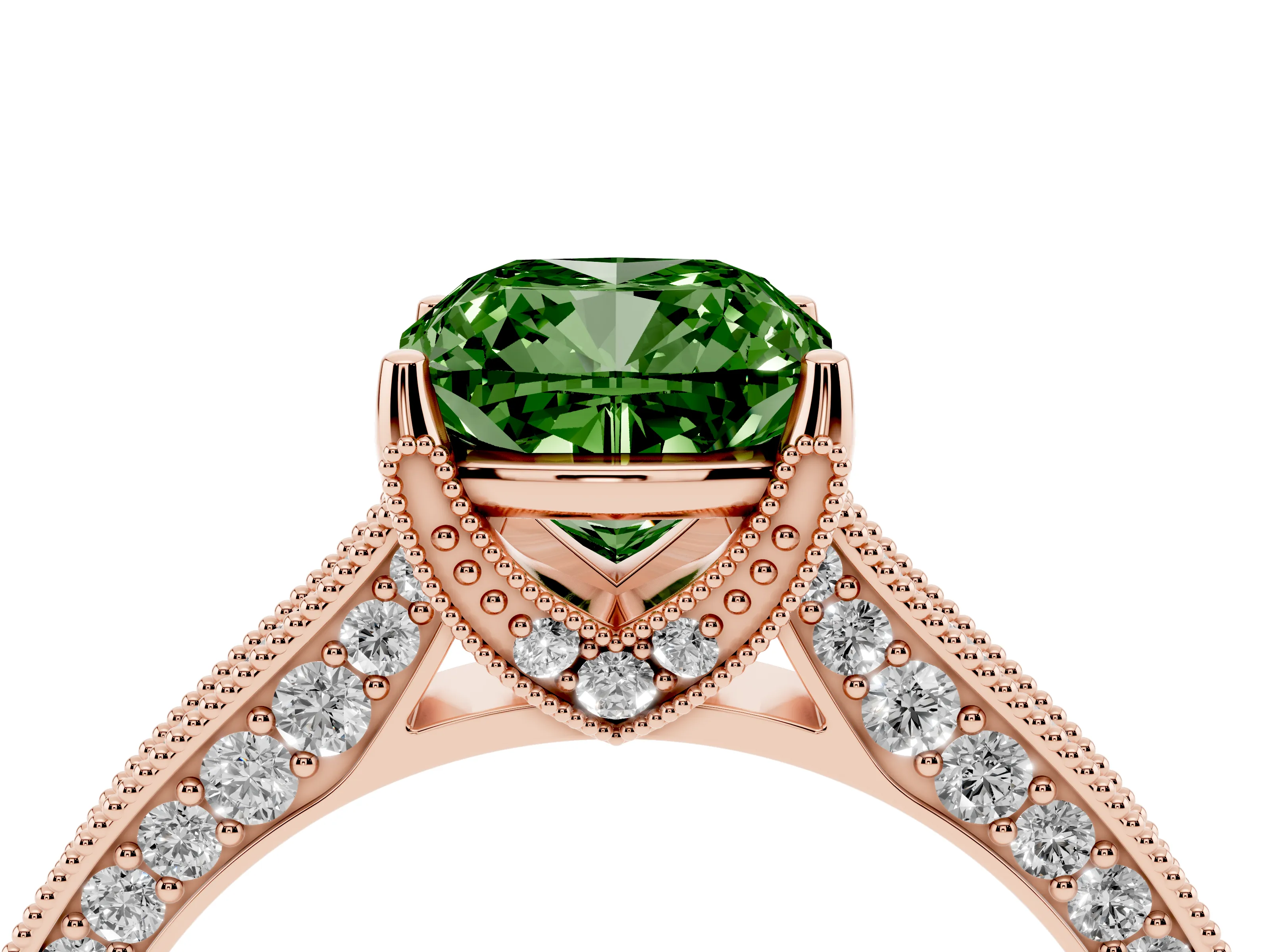 Fancy Green Cushion Cut Diamond Solitaire Ring Set in Rose gold with Milgrain-Edged Pavé Band and Prong Setting