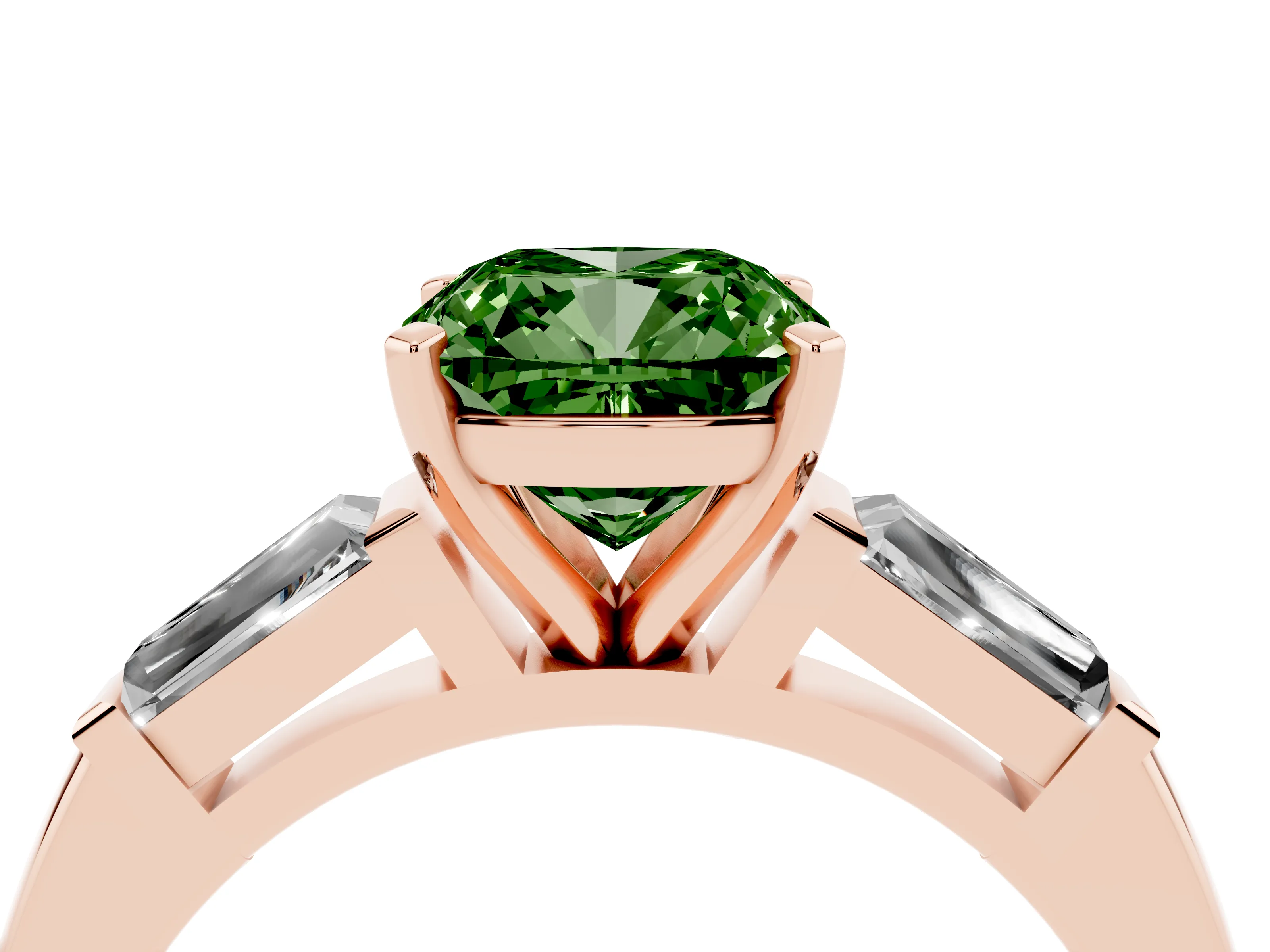Fancy Green Cushion Cut Diamond Solitaire Ring Set in Rose gold with Tapered Baguette Side Stones and Prong Setting
