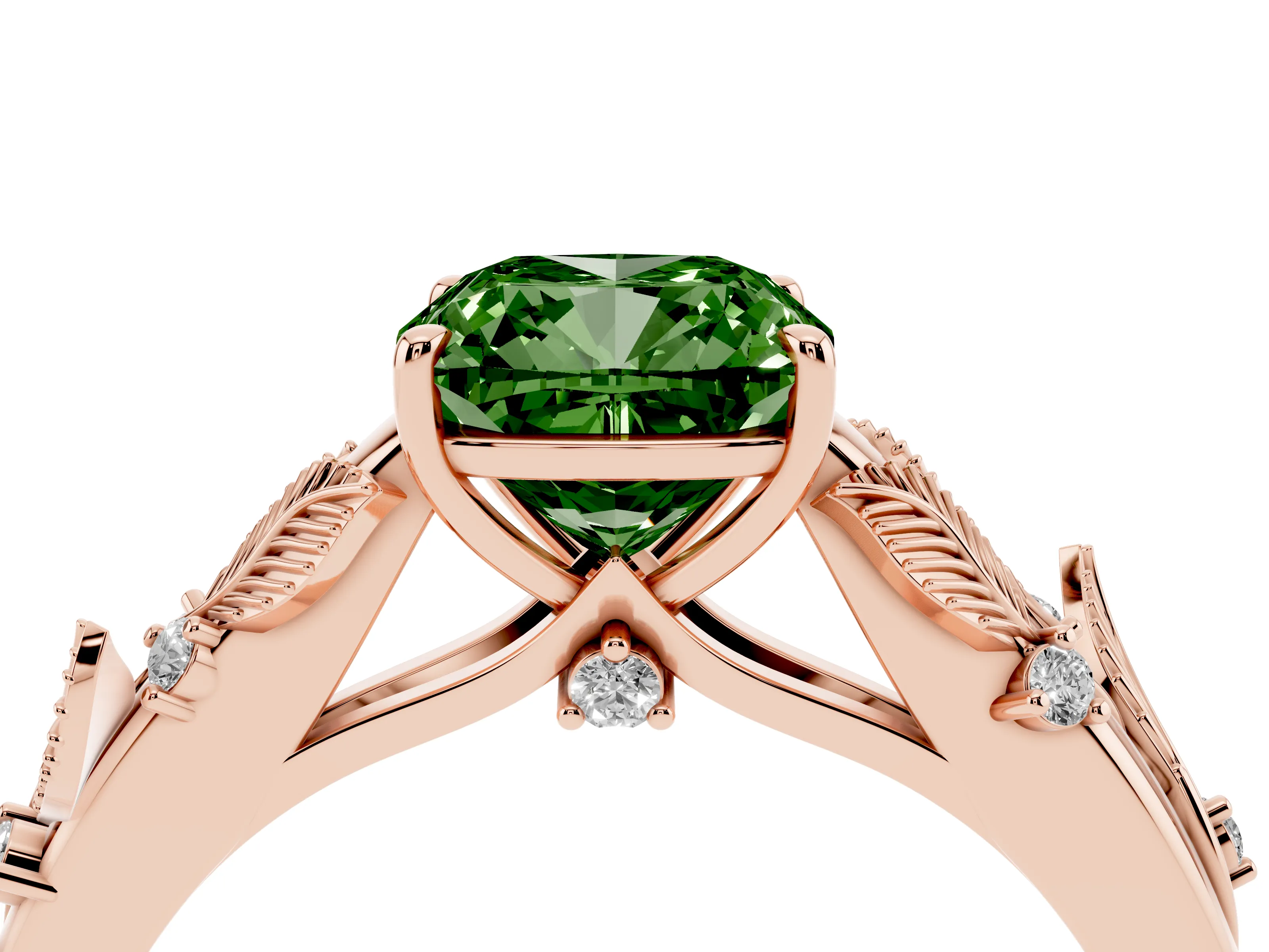Fancy Green Cushion Cut Diamond Solitaire Ring Set in Rose gold with Leaf Motif Band