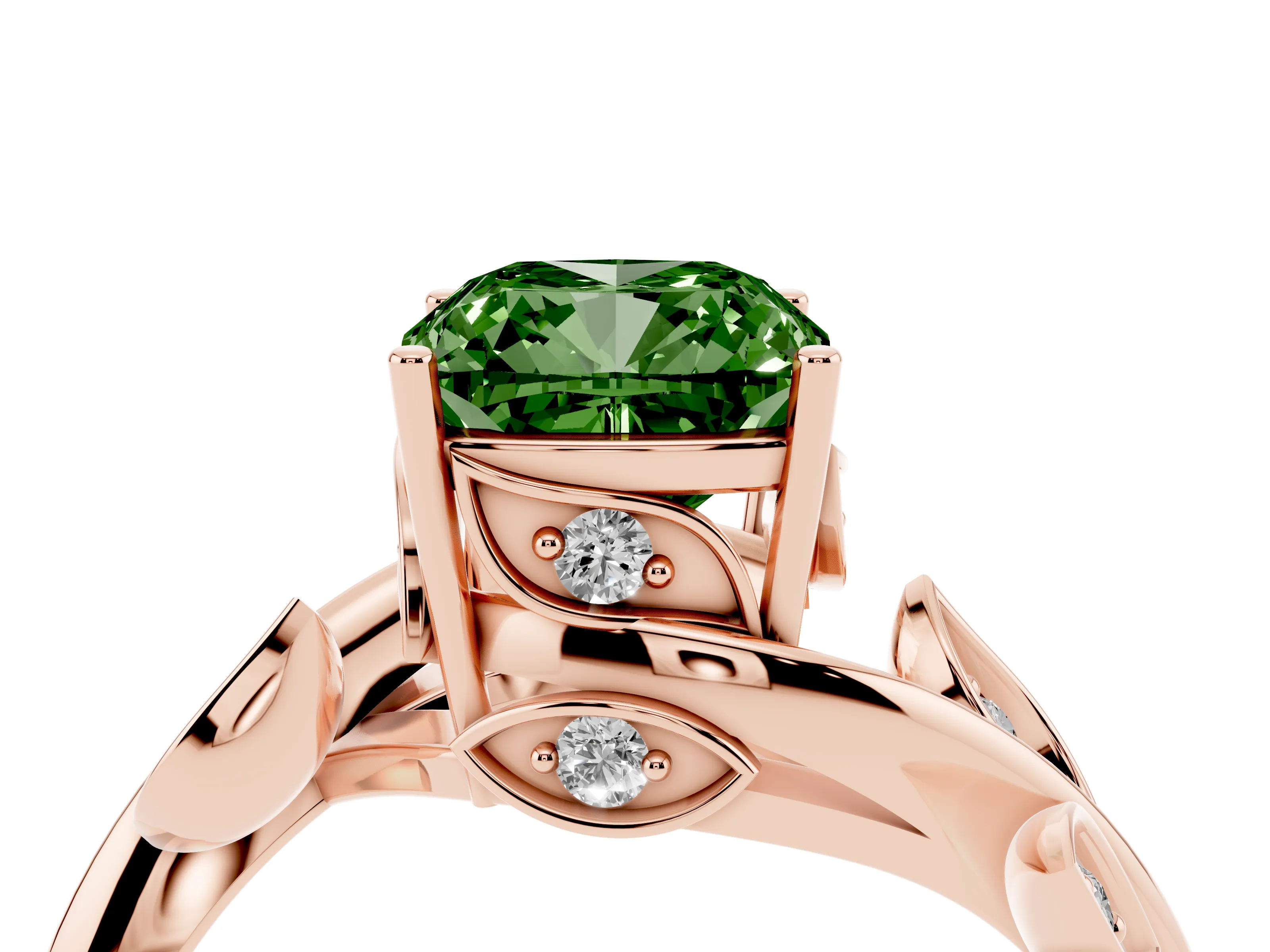 Fancy Green Cushion Cut Diamond Solitaire Twist Engagement Ring Set in Rose gold with Pavé Leaf Accents