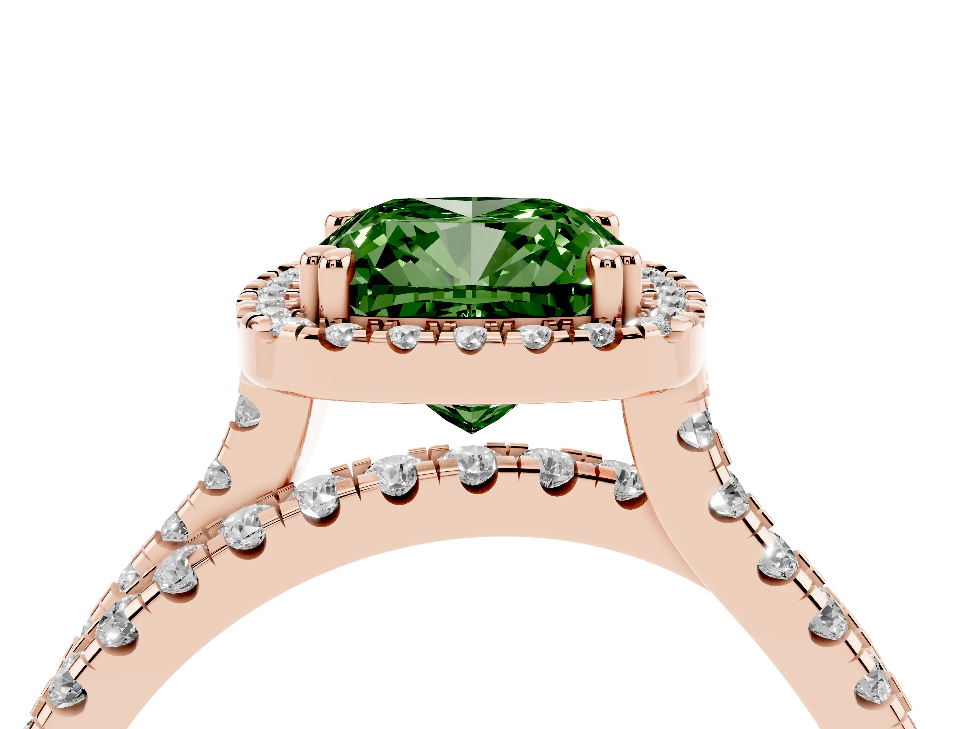 Fancy Green Cushion Cut Diamond Halo Split Shank Ring Set in Rose gold with Pavé Setting