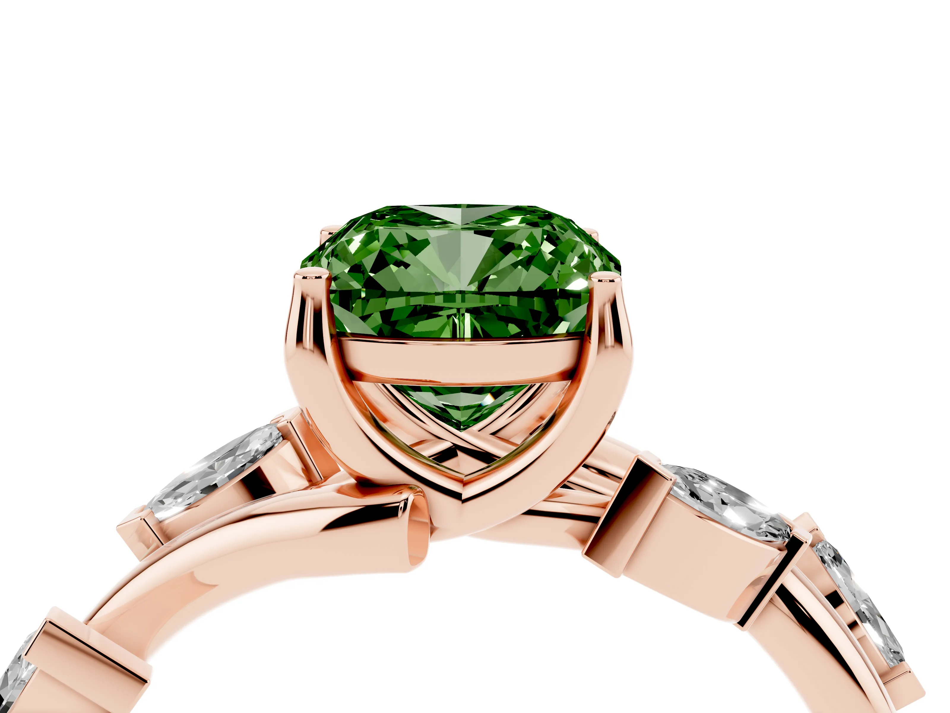 Fancy Green Cushion Cut Diamond Solitaire Ring Set in Rose gold with Twisted Marquise Accent Band