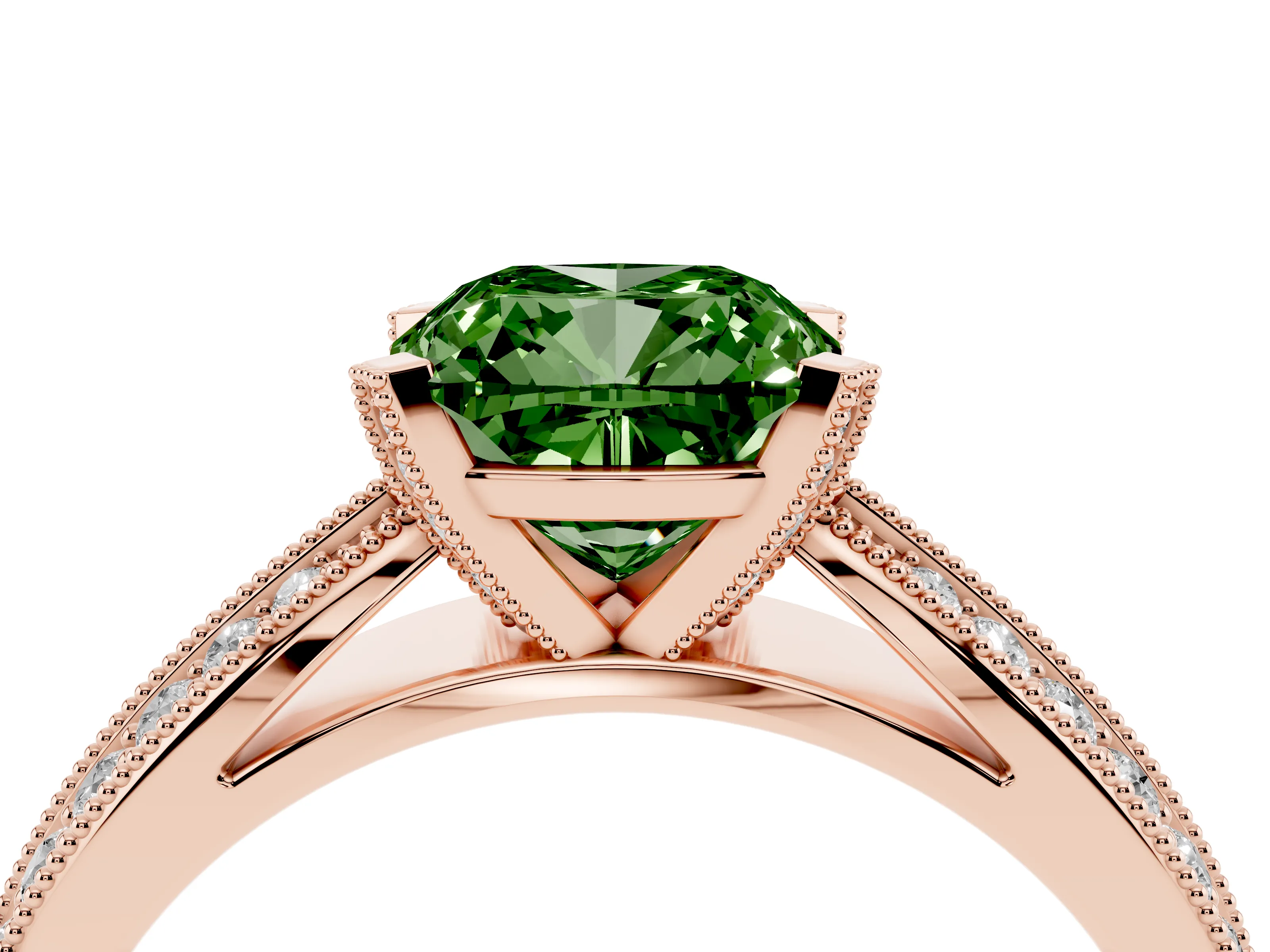 Fancy Green Cushion Cut Diamond Solitaire Ring Set in Rose gold with Milgrain Double Row Round Pavé Band