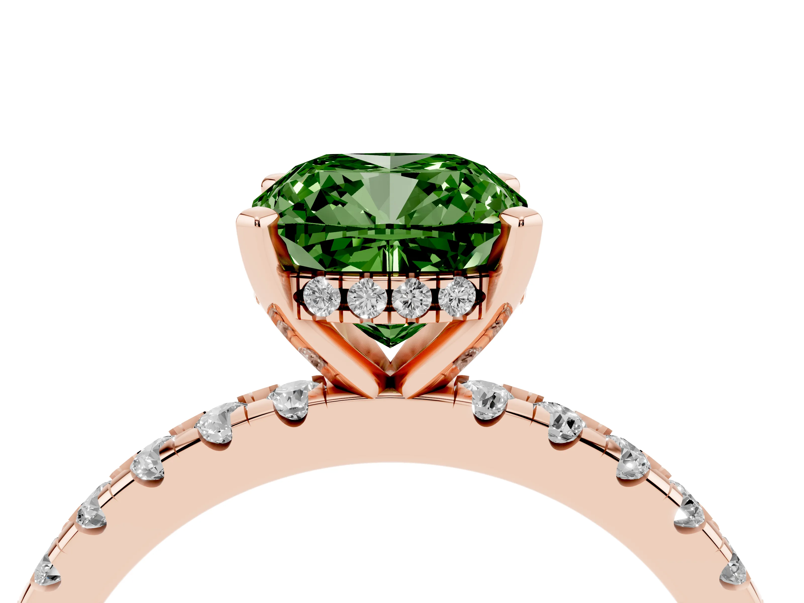 Fancy Green Cushion Cut Diamond Pavé Solitaire Ring Set in Rose gold with Round Band Accents and Prong Setting