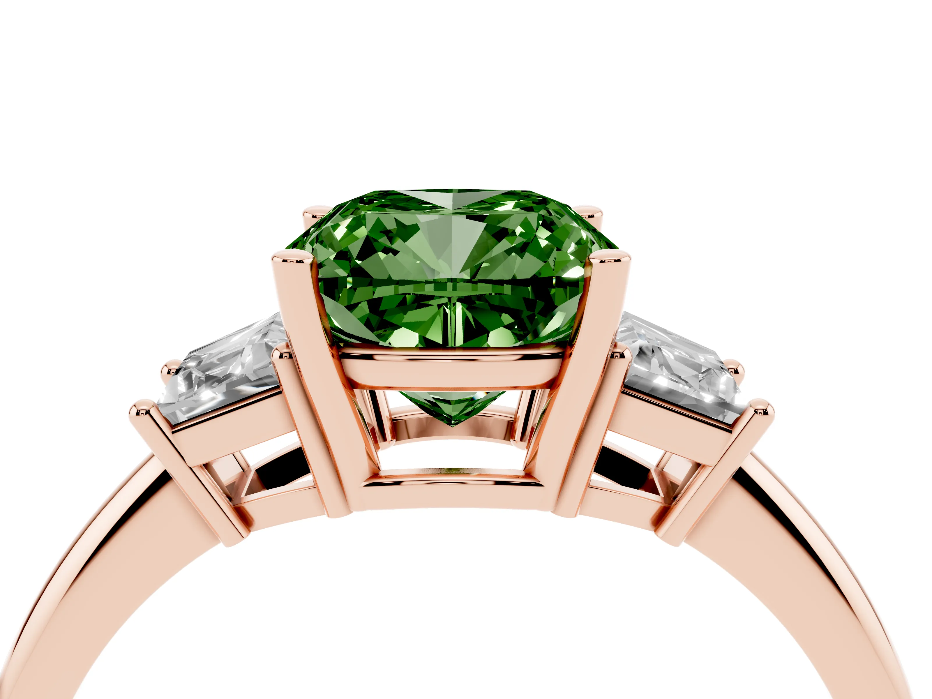 Fancy Green Cushion Cut Diamond Three-Stone Ring Set in Rose gold with Trapezoid Side Stones and Prong Setting