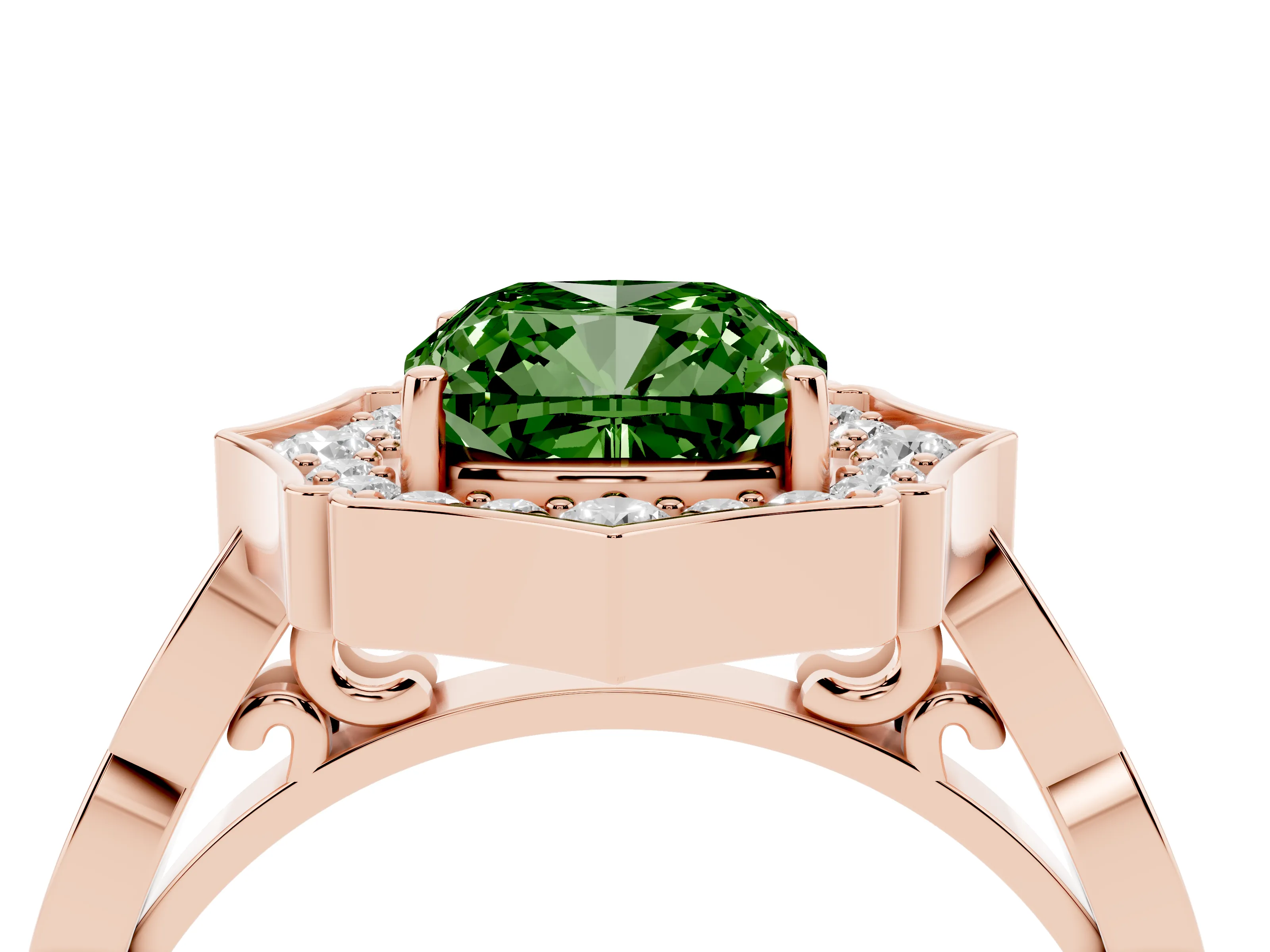 Fancy Green Cushion Cut Diamond Halo Engagement Ring Set in Rose gold with Milgrain Band and Prong Setting