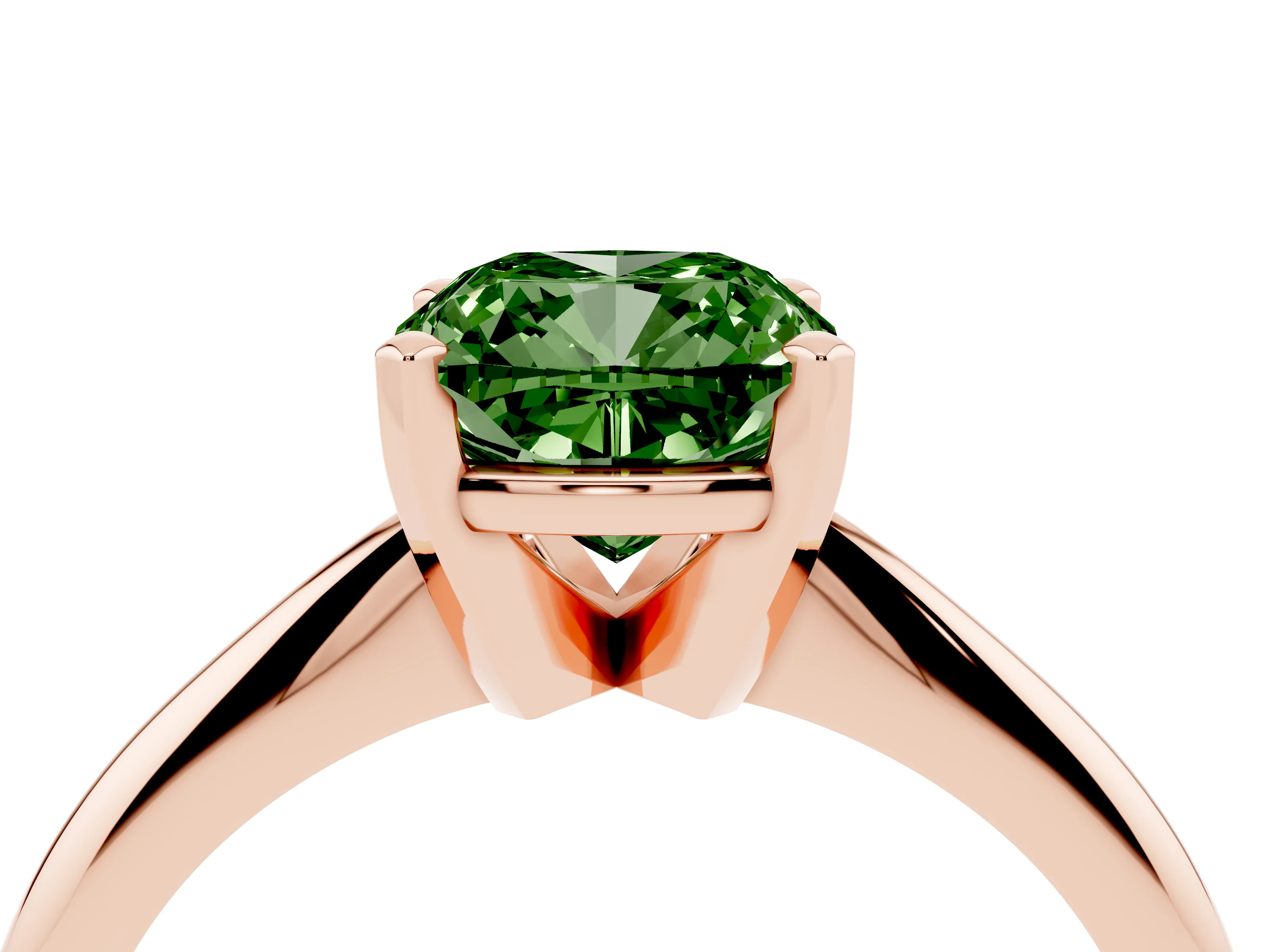 Fancy Green Cushion Cut Diamond Solitaire Ring Set in Rose gold with Prong Setting on a Plain Round Band