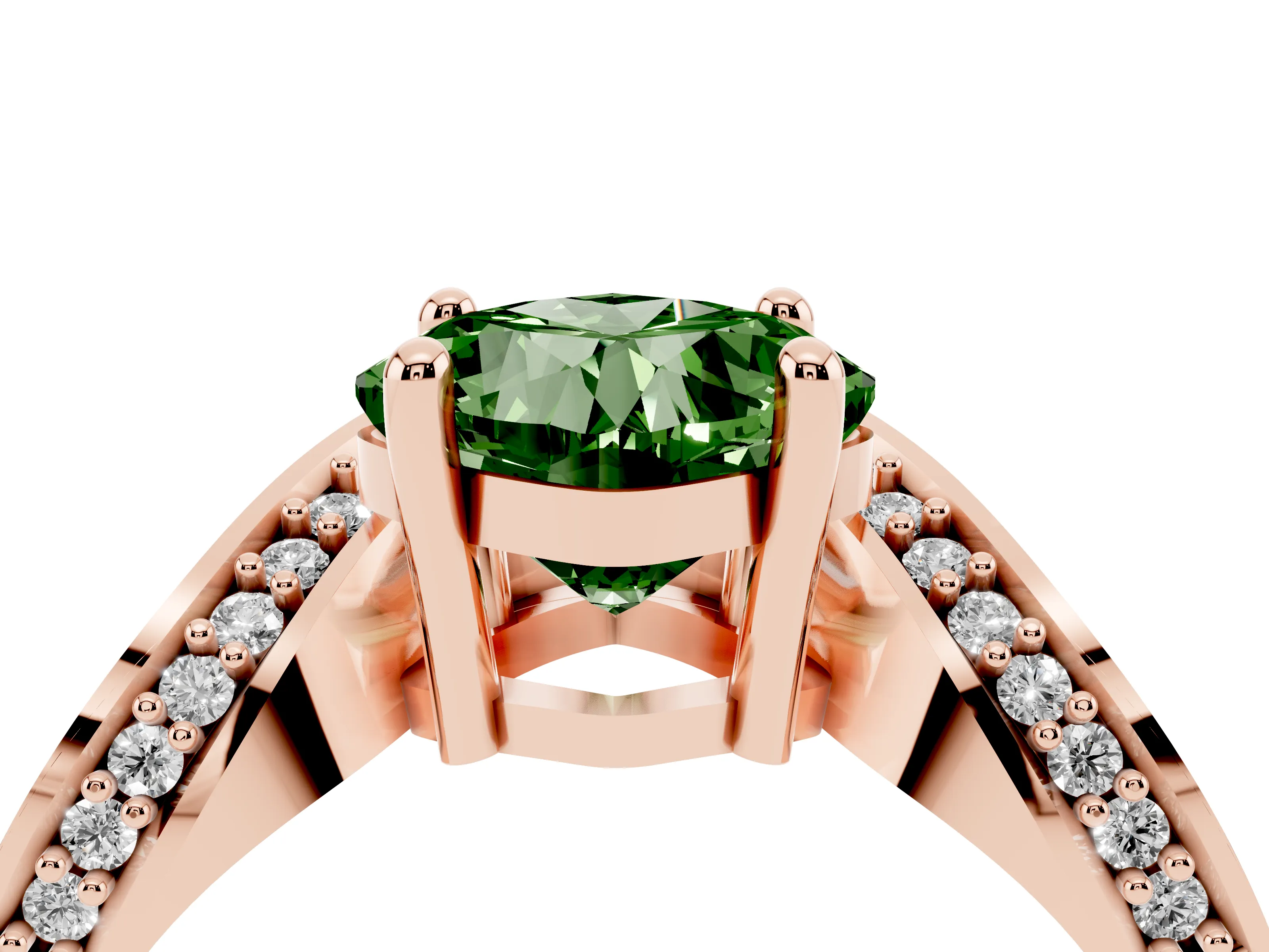 Fancy Green Cushion Cut Diamond Solitaire Engagement Ring Set in Rose gold with Pavé Shoulders