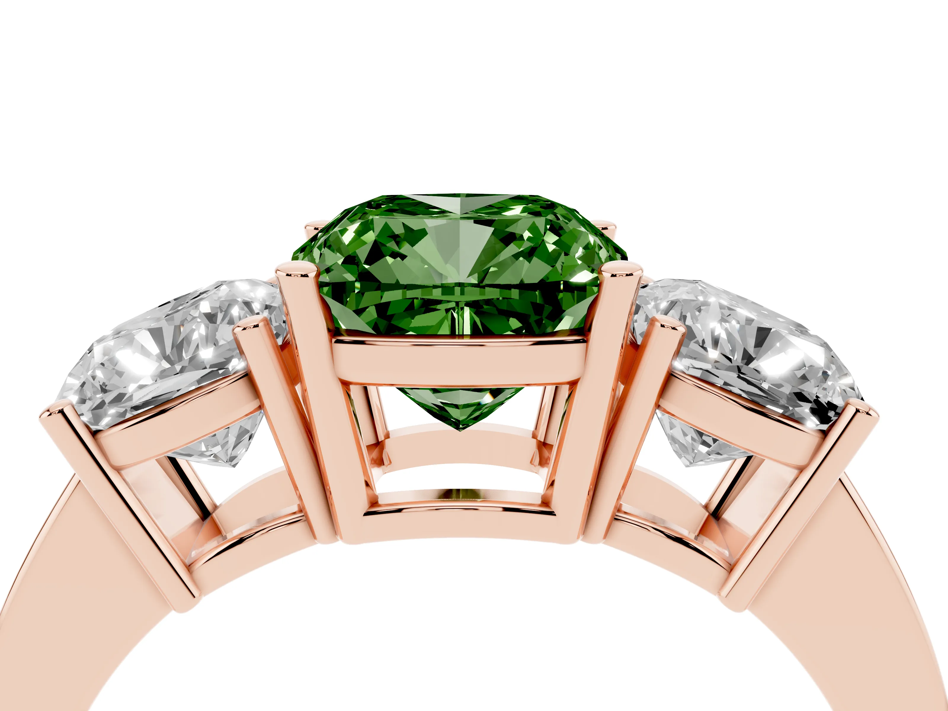 Fancy Green Cushion Cut Diamond Three-Stone Engagement Ring Set in Rose gold with Flat Band