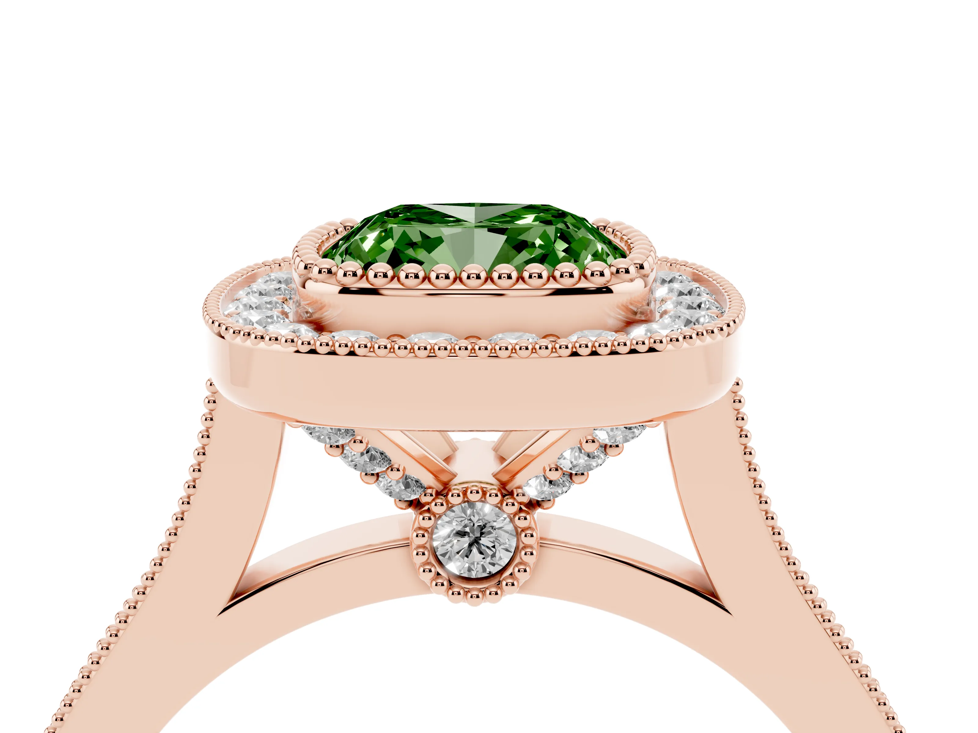 Fancy Green Cushion Cut Diamond Halo Ring Set in Rose gold with Milgrain Frame and Pavé Band