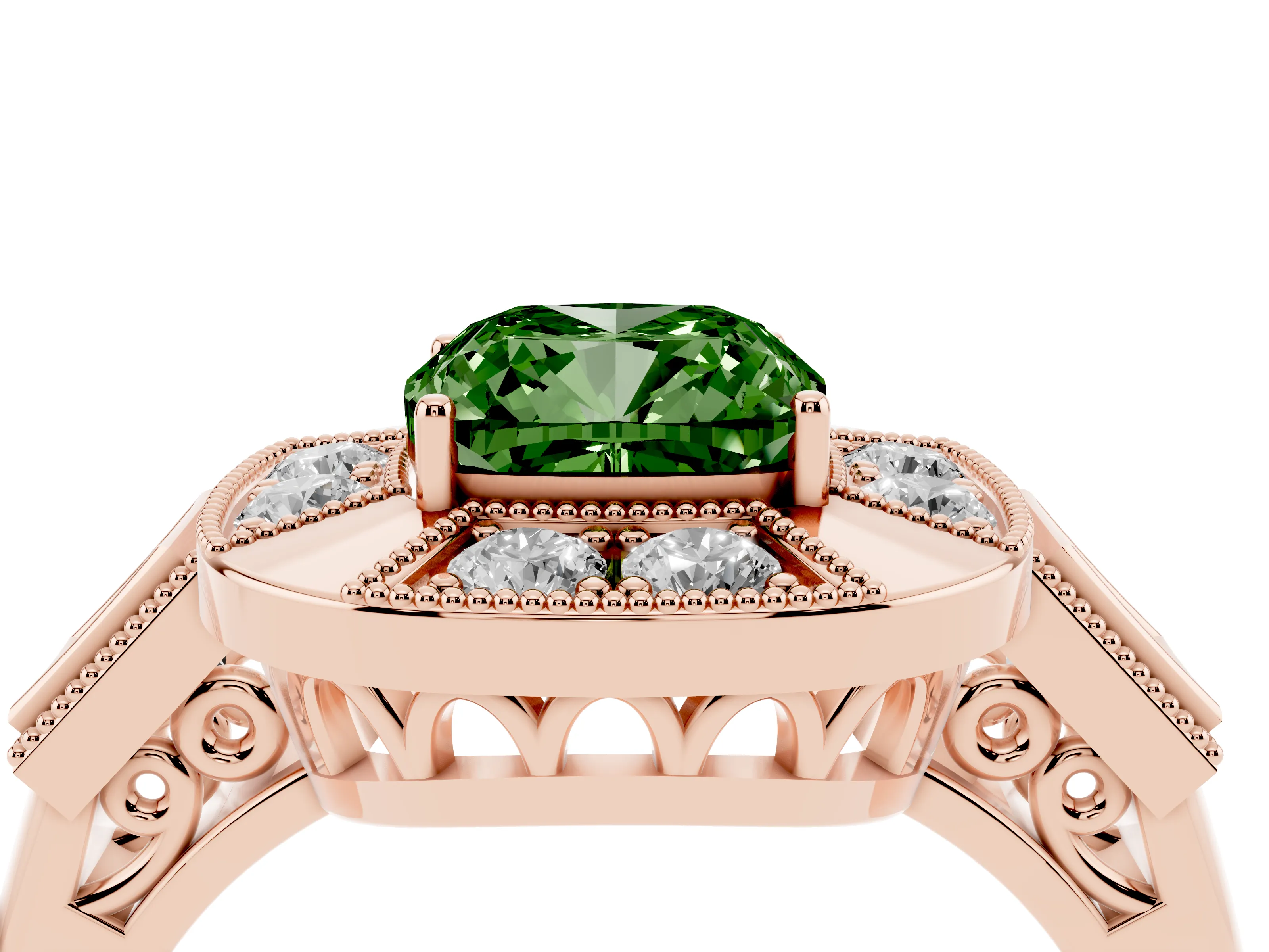 Fancy Green Cushion Cut Diamond Milgrain Halo Ring Set in Rose gold with Split Shank