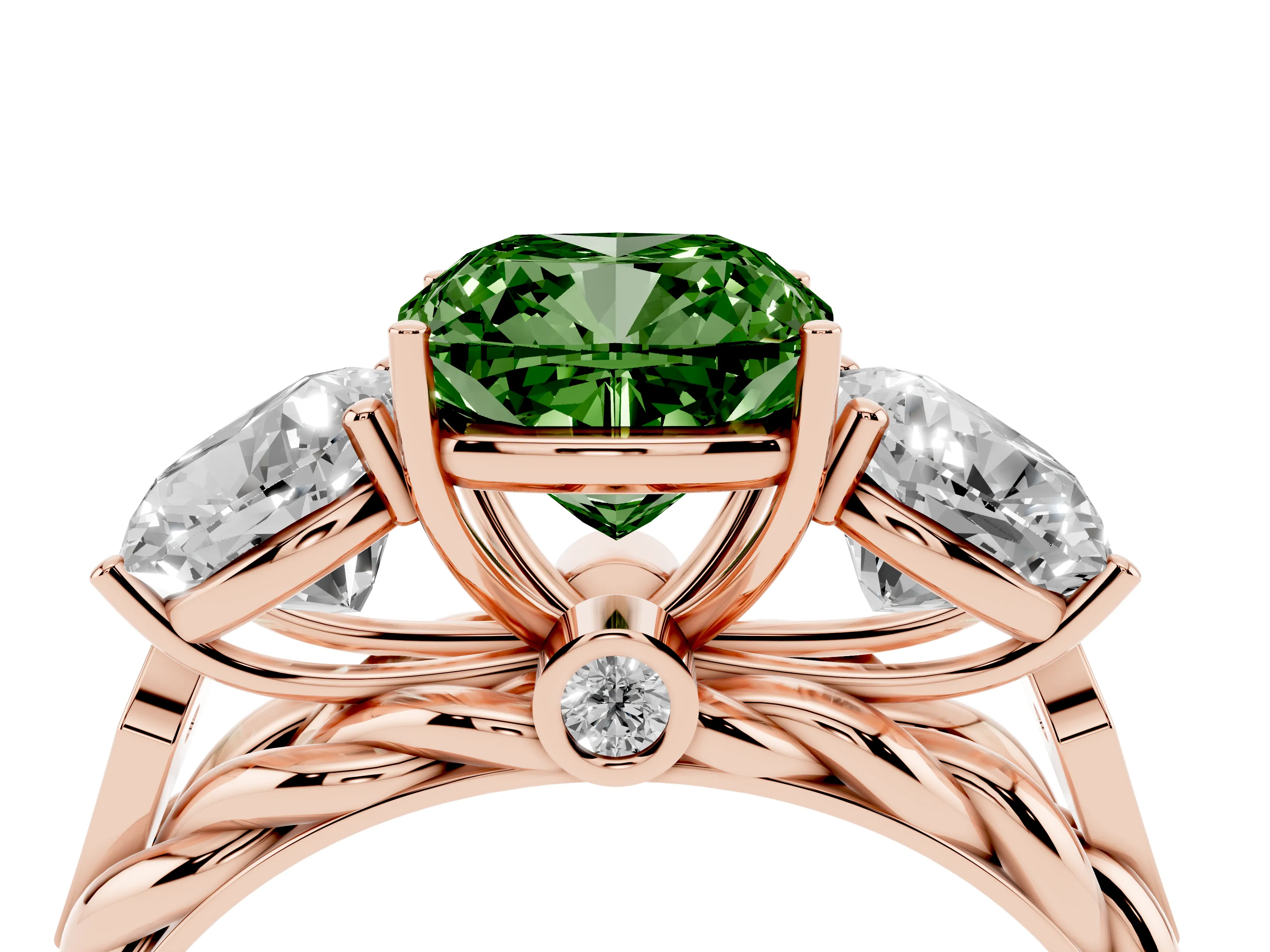 Fancy Green Cushion Cut Diamond Three-Stone Ring Set in Rose gold with Braided Band